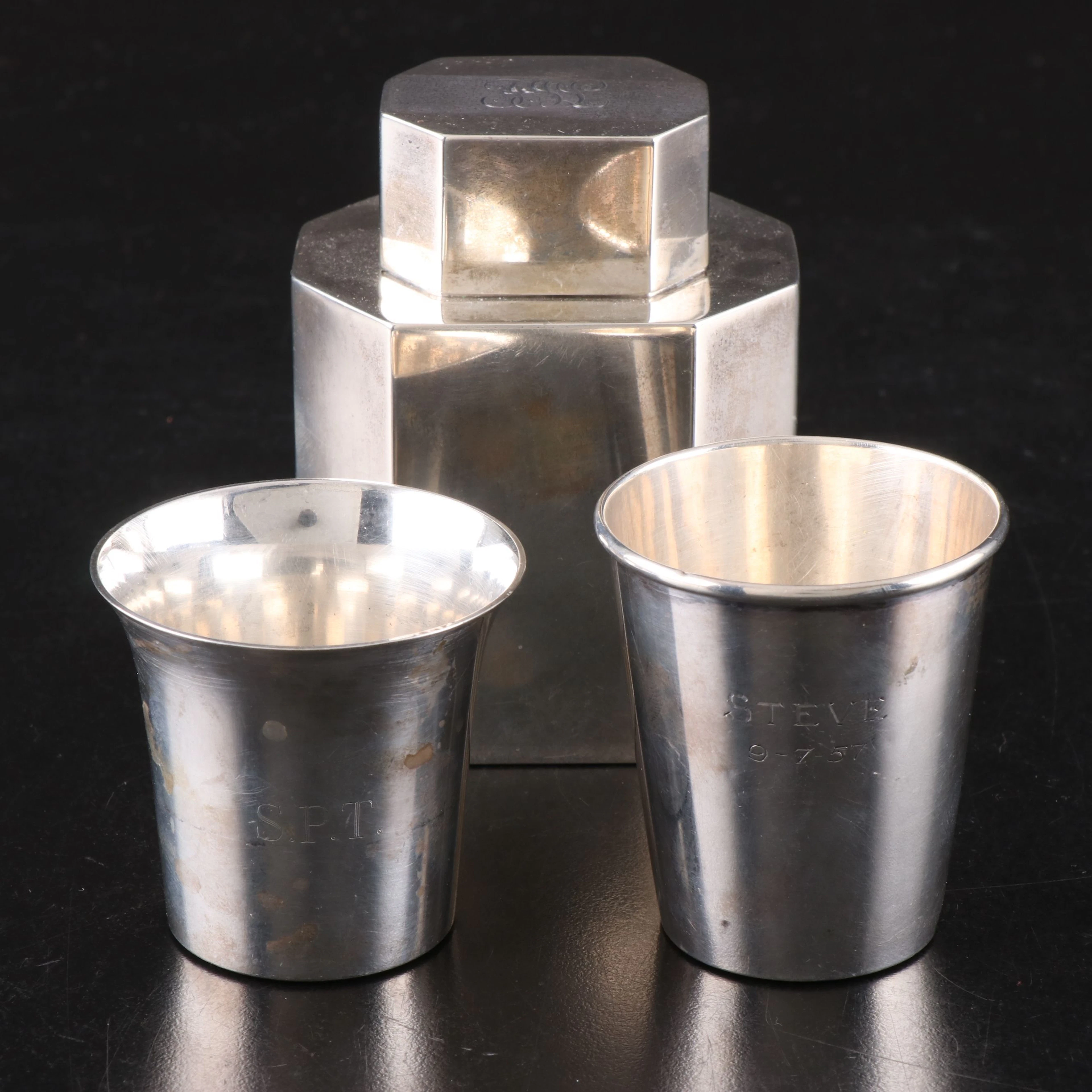 Gorham Sterling Silver Tea Caddy with Wolfenden and Boardman Shot Glasses