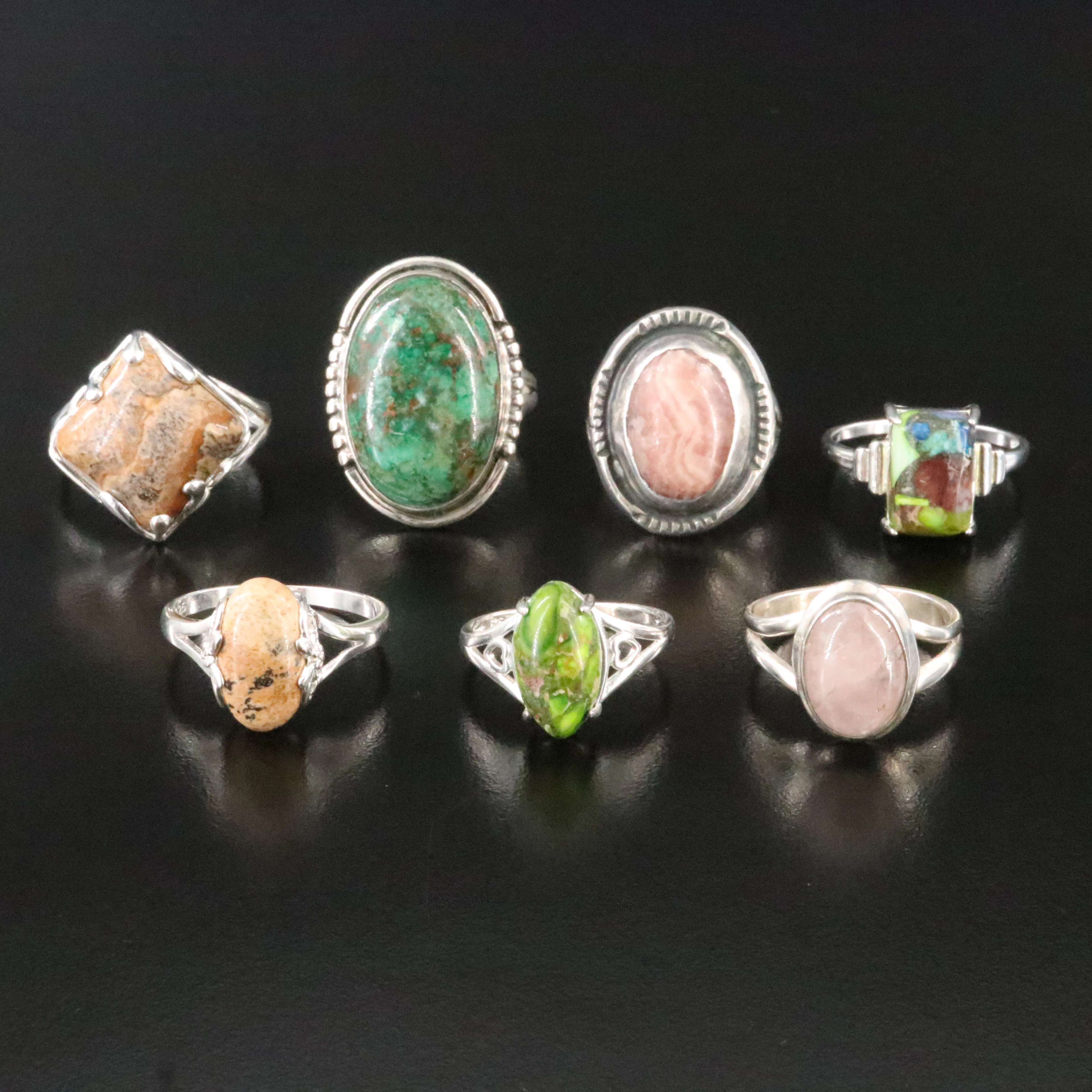 Sterling Ring Collection Including Jasper, Rose Quartz and Chrysocolla