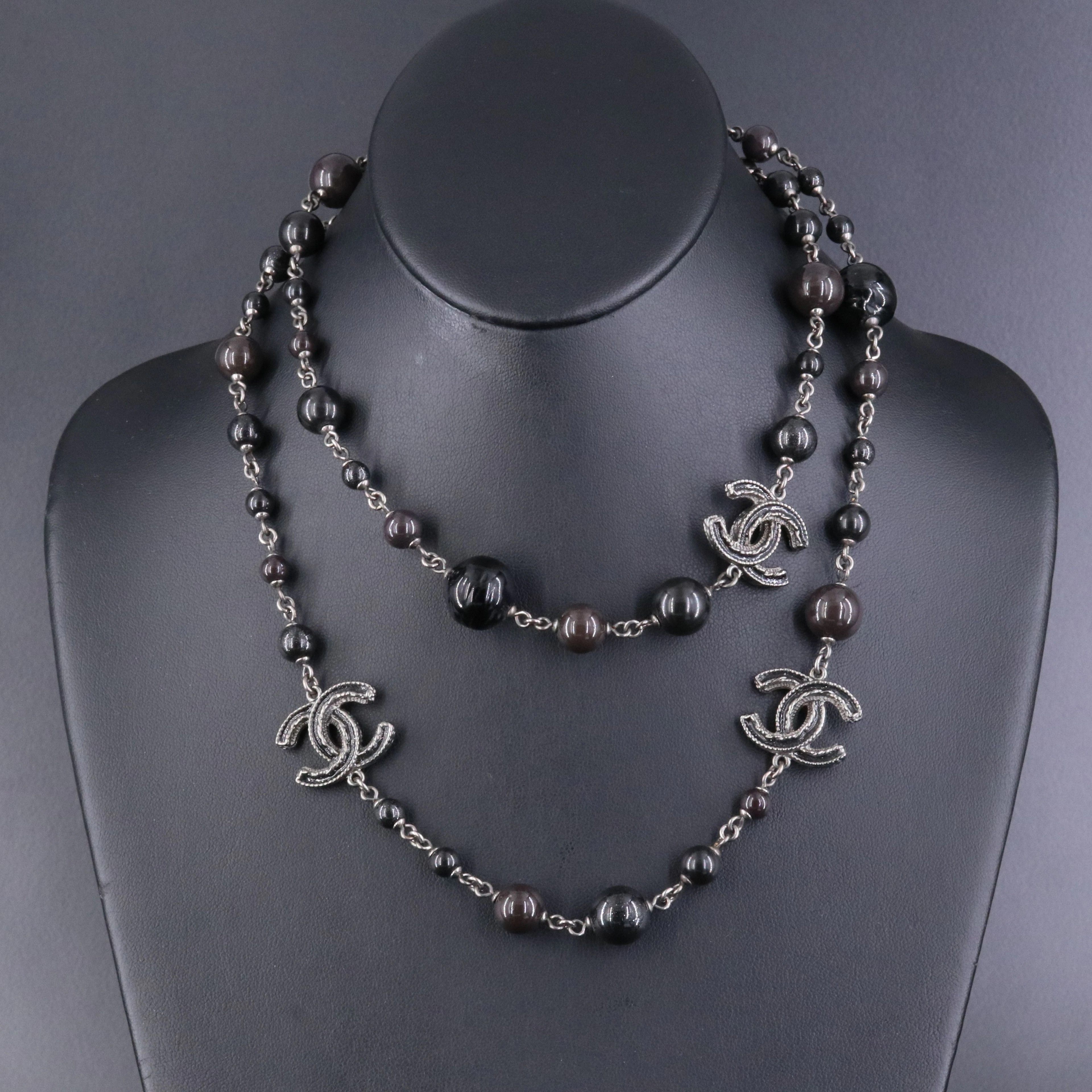 Chanel CC Black Glass and Enamel Necklace with Backdrop Chains 2011