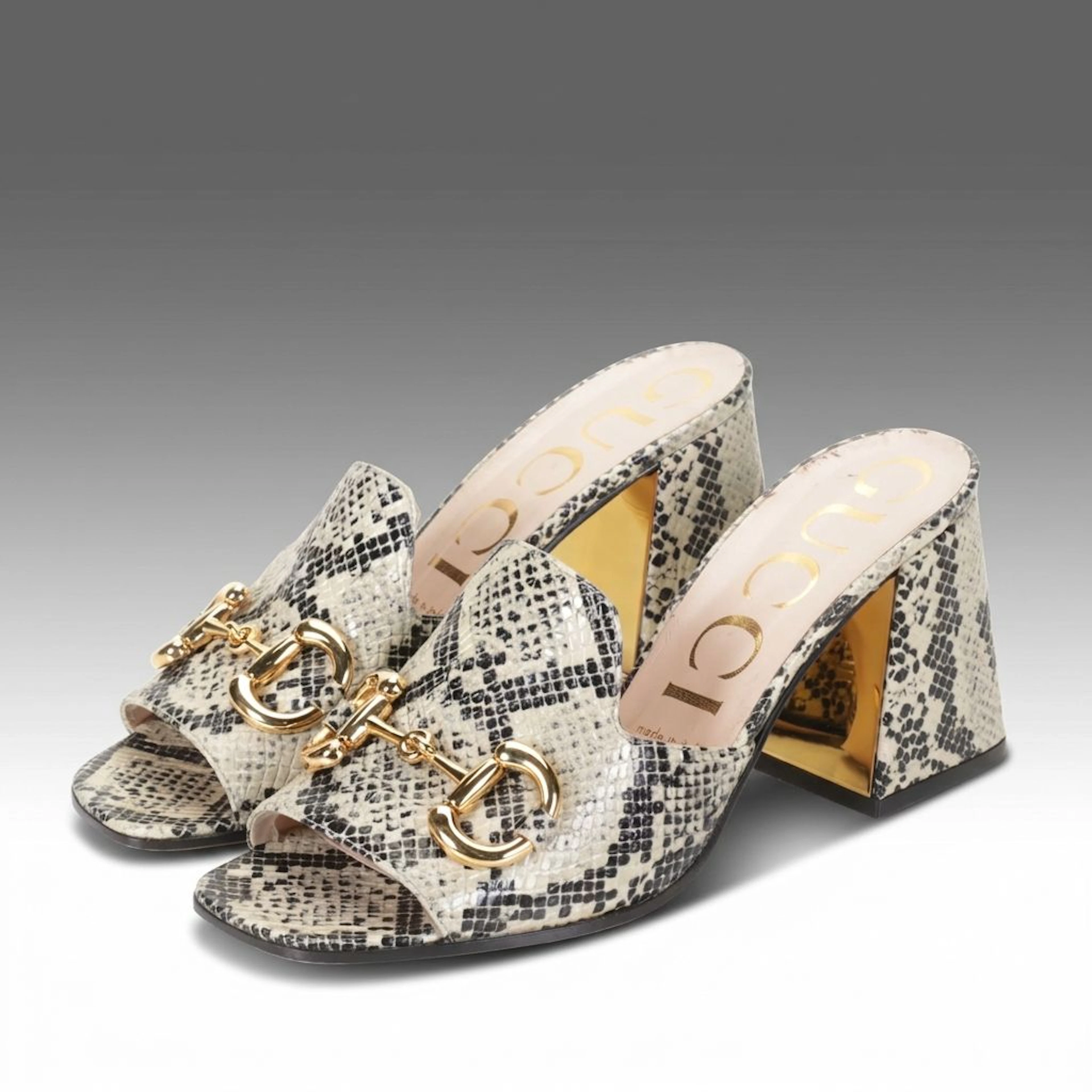 Gucci Horsebit Python Print Embossed Leather Mule Sandals
