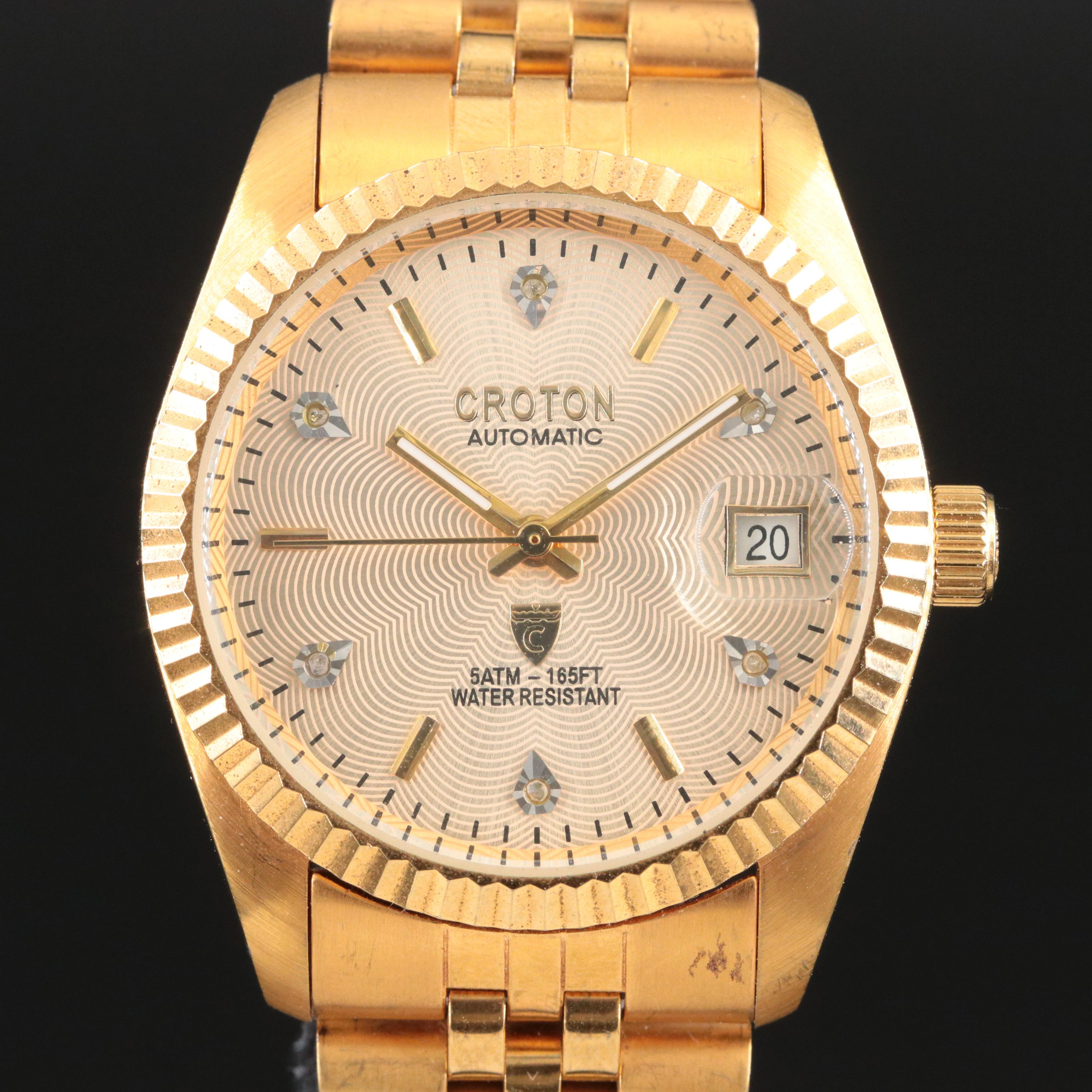 Croton Automatic Guilloche Diamond Dial Gold Tone Watch
