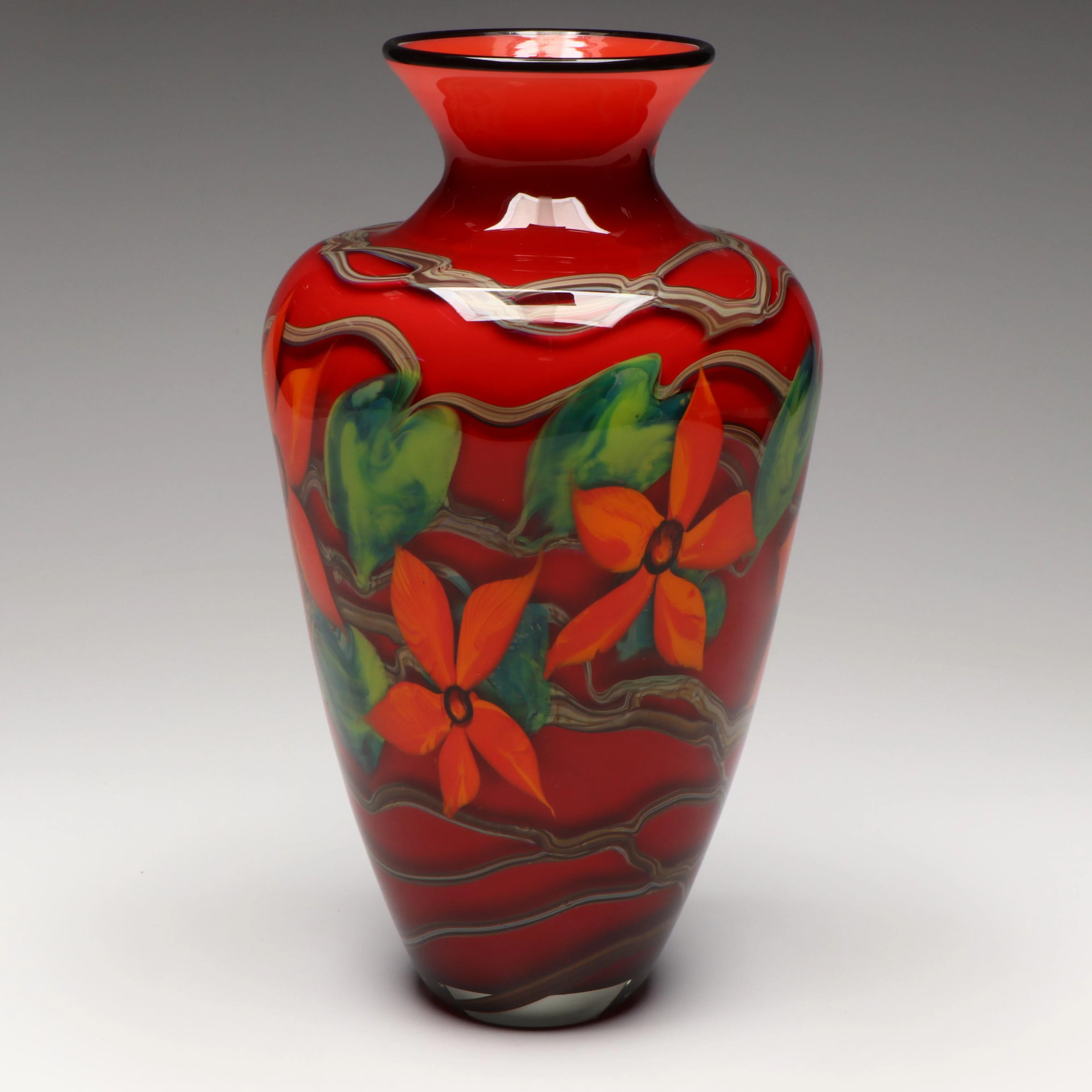 John Fields Handblown Floral Art Glass Vase, 2002