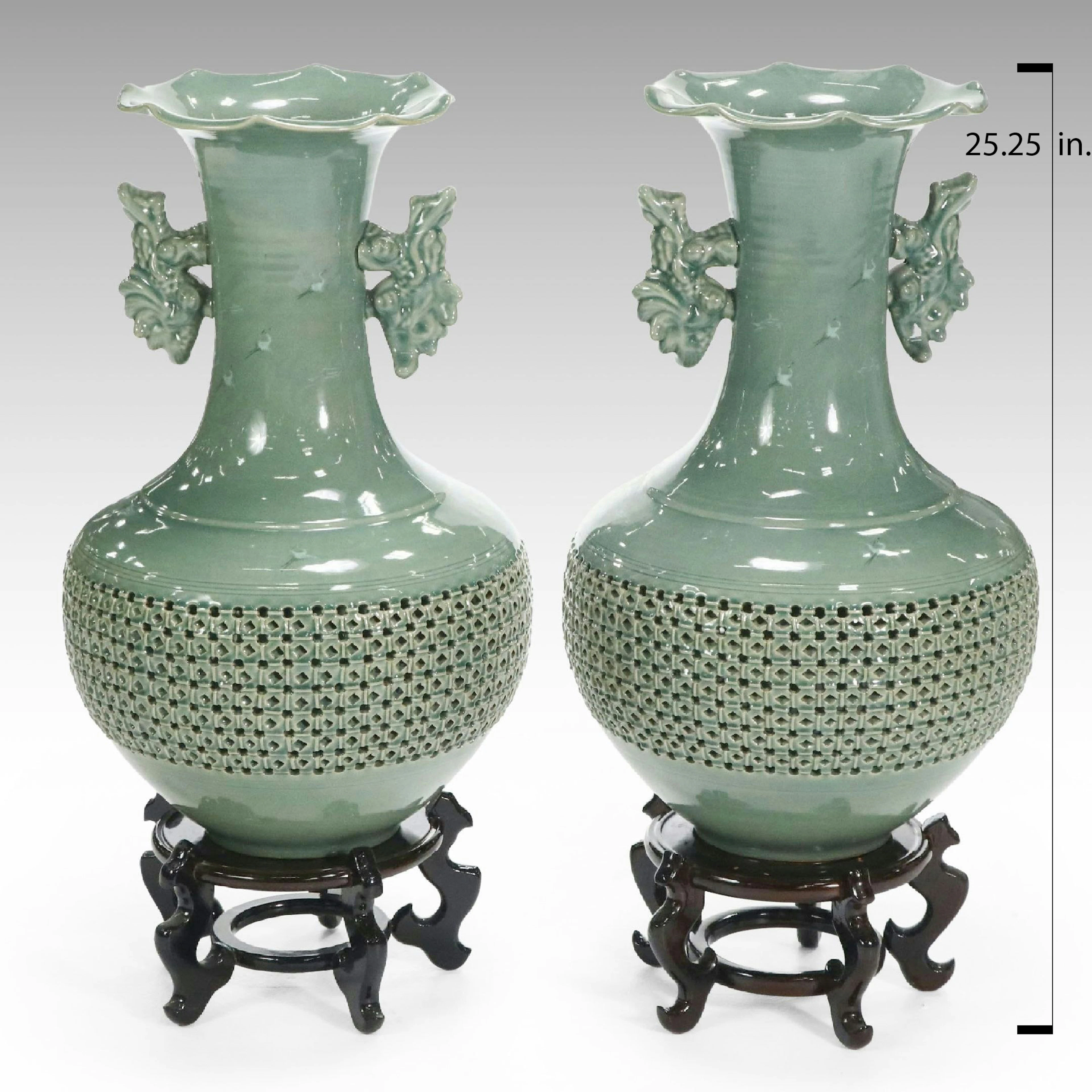 Pair of Korean Celadon Porcelain Pierced Temple Jars with Crane Motif