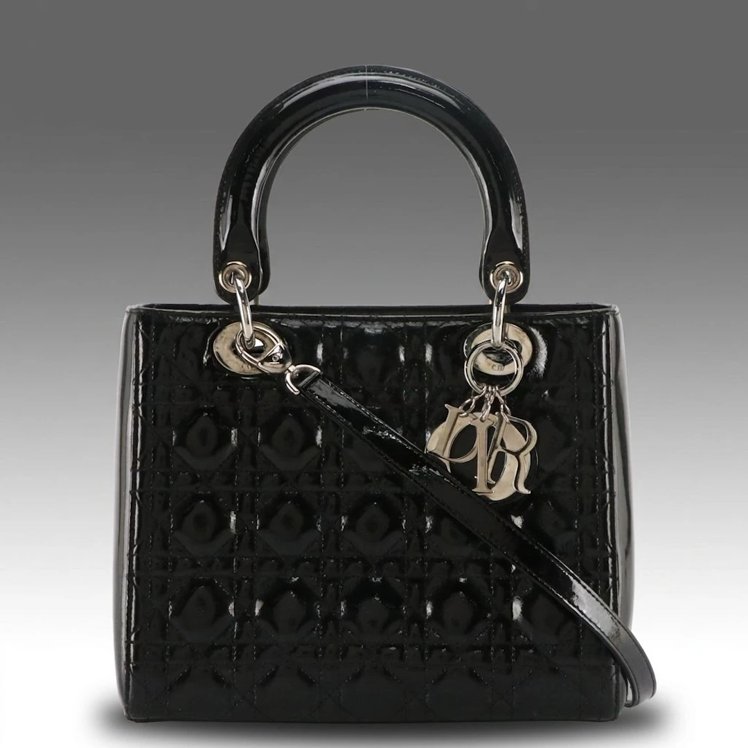 Christian Dior Black Cannage Patent Leather Lady Dior Two-Way Tote Bag