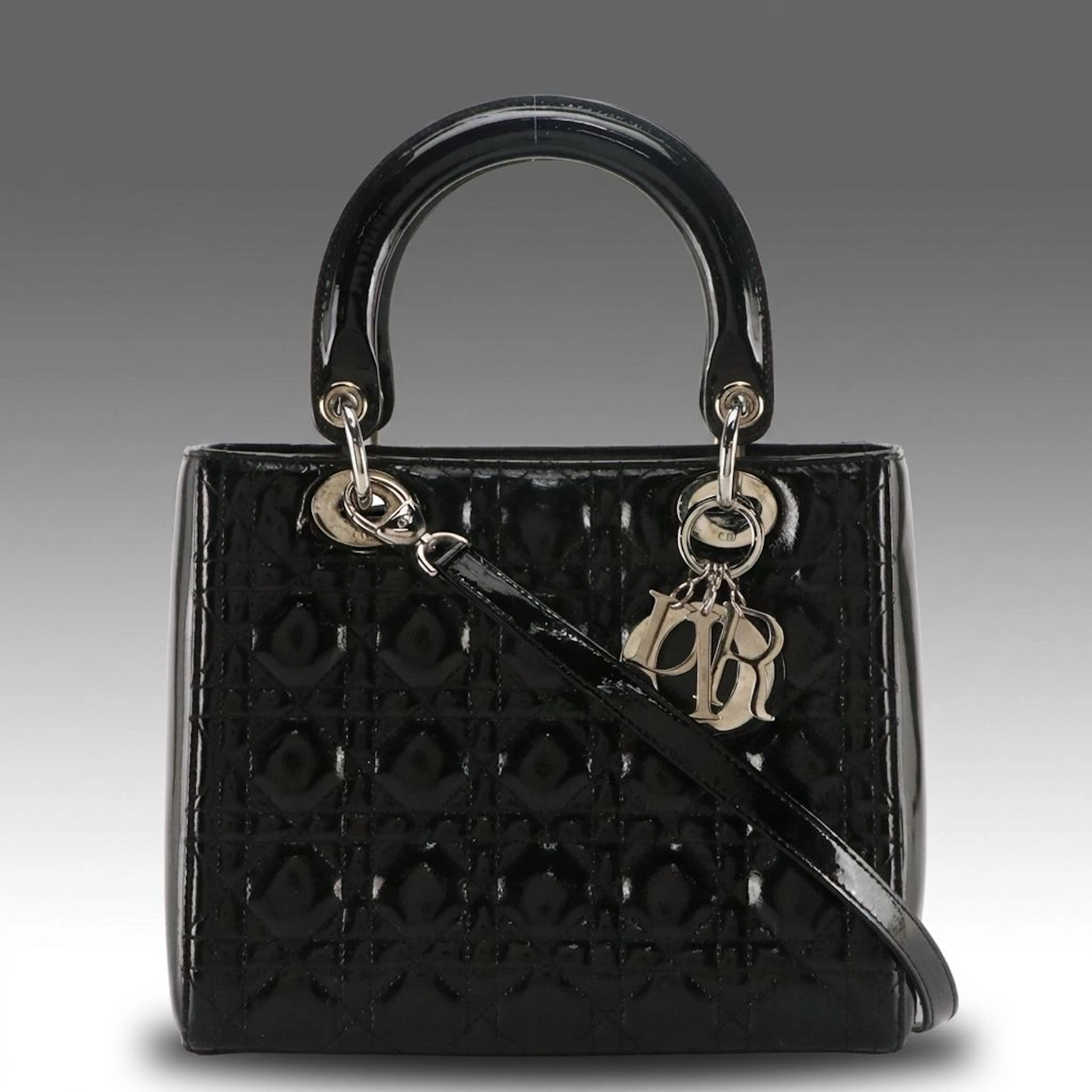 Christian Dior Black Cannage Patent Leather Lady Dior Two-Way Tote Bag