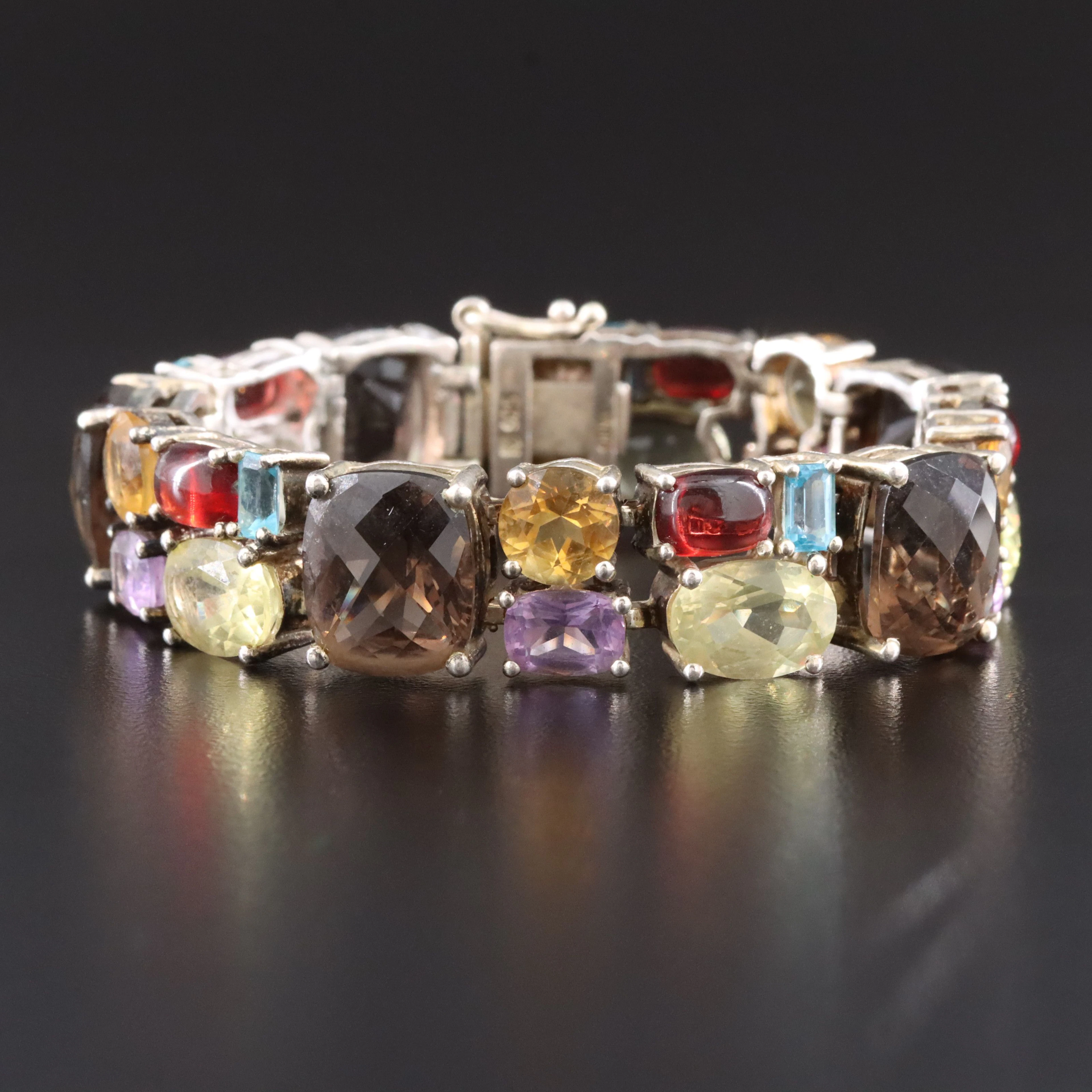 Sterling Panel Bracelet Featuring Smoky Quartz, Citrine and Garnet