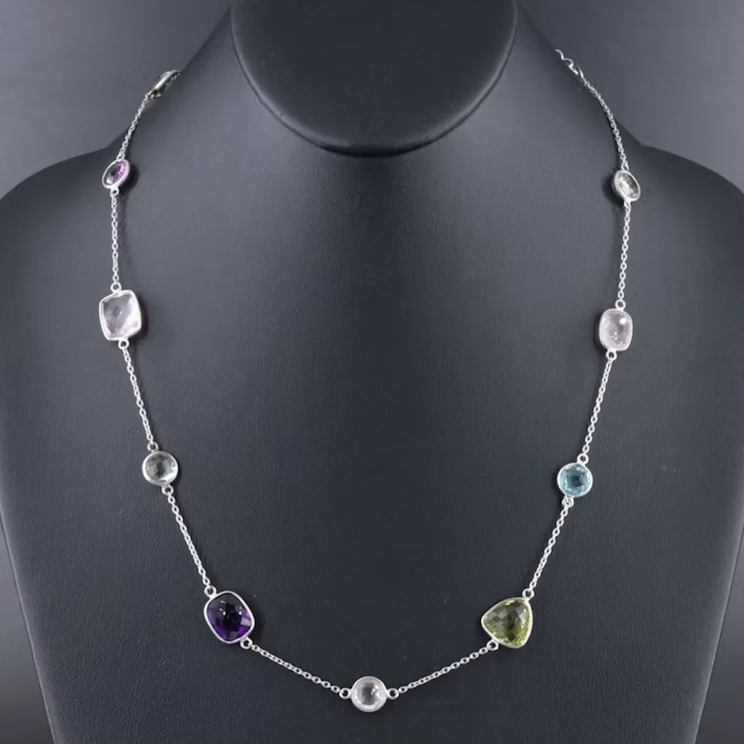 Sterling Station Necklace Including Amethyst, Rose Quartz and Citrine