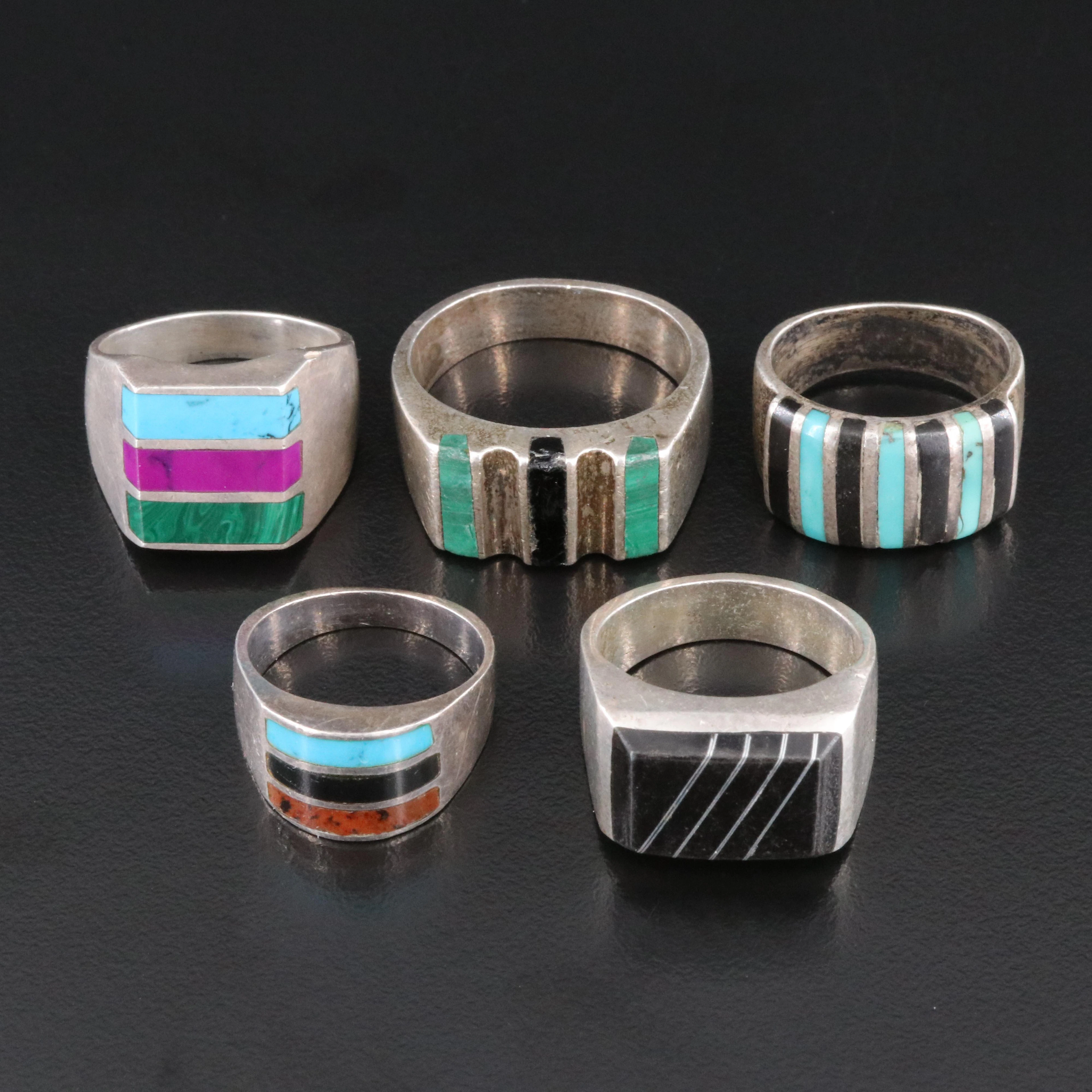 Mexican Sterling Inlay Ring Collection Featuring Malachite and Obsidian