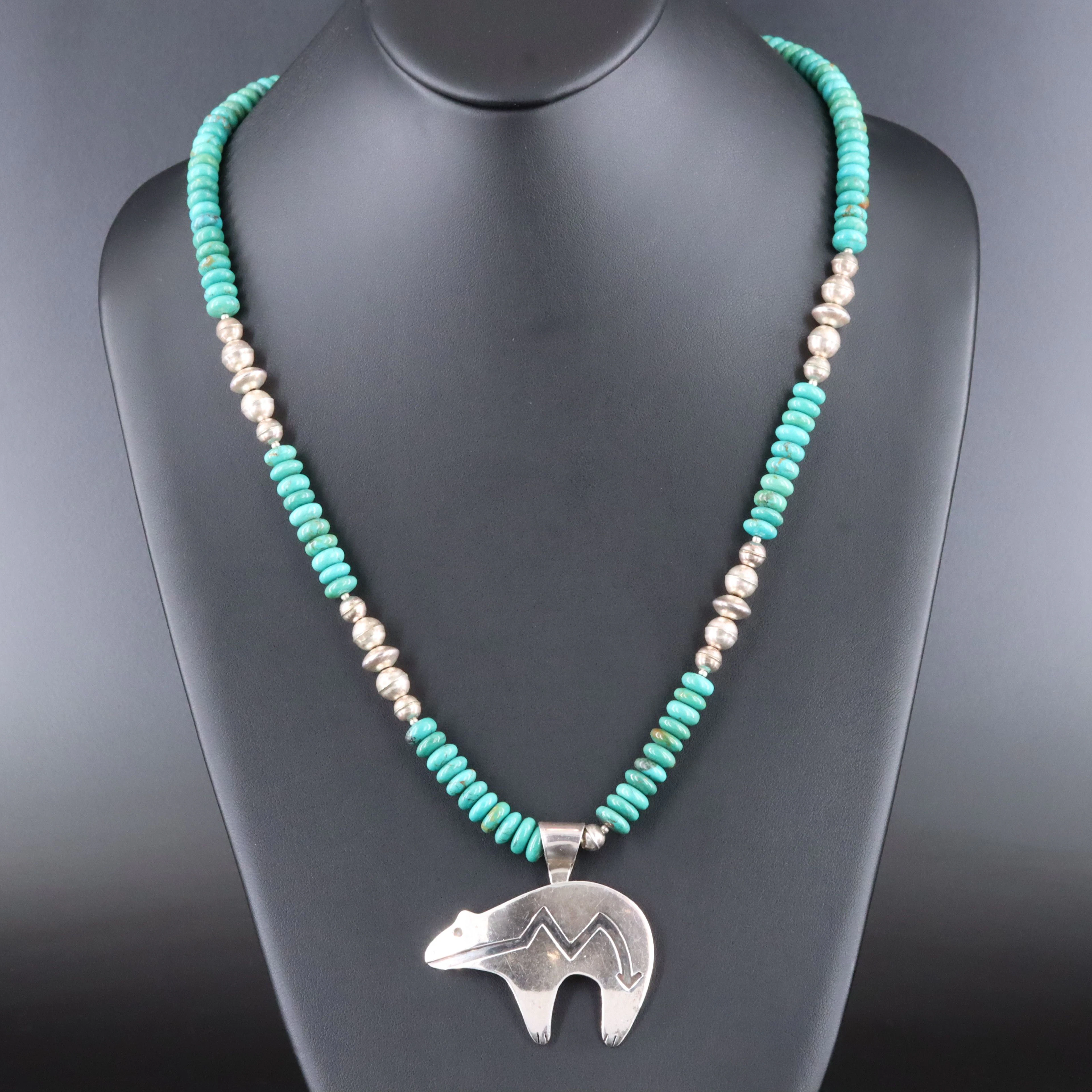 Signed Southwestern Sterling Turquoise Spirit Bear Necklace