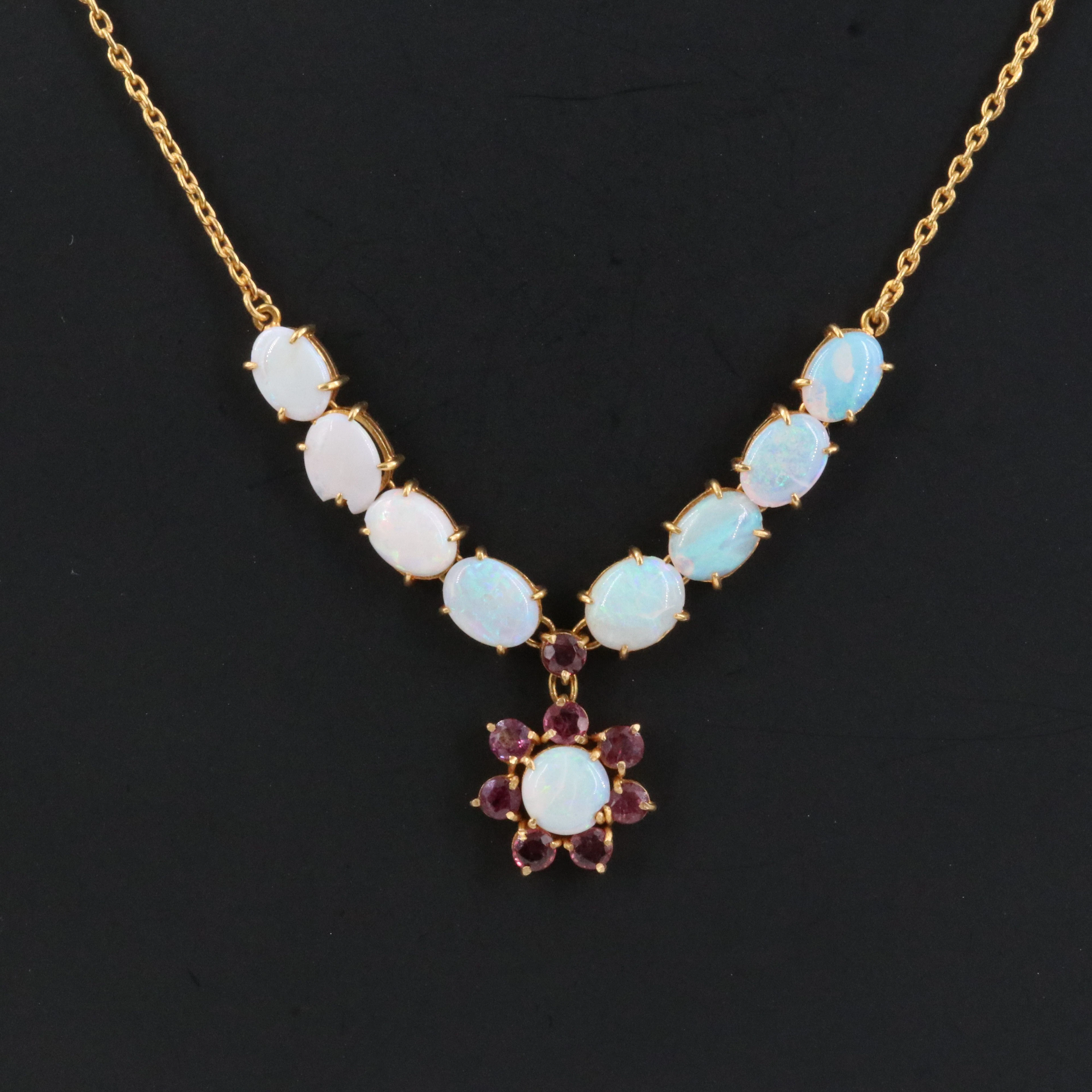 20K Opal and Ruby Floral Drop Necklace