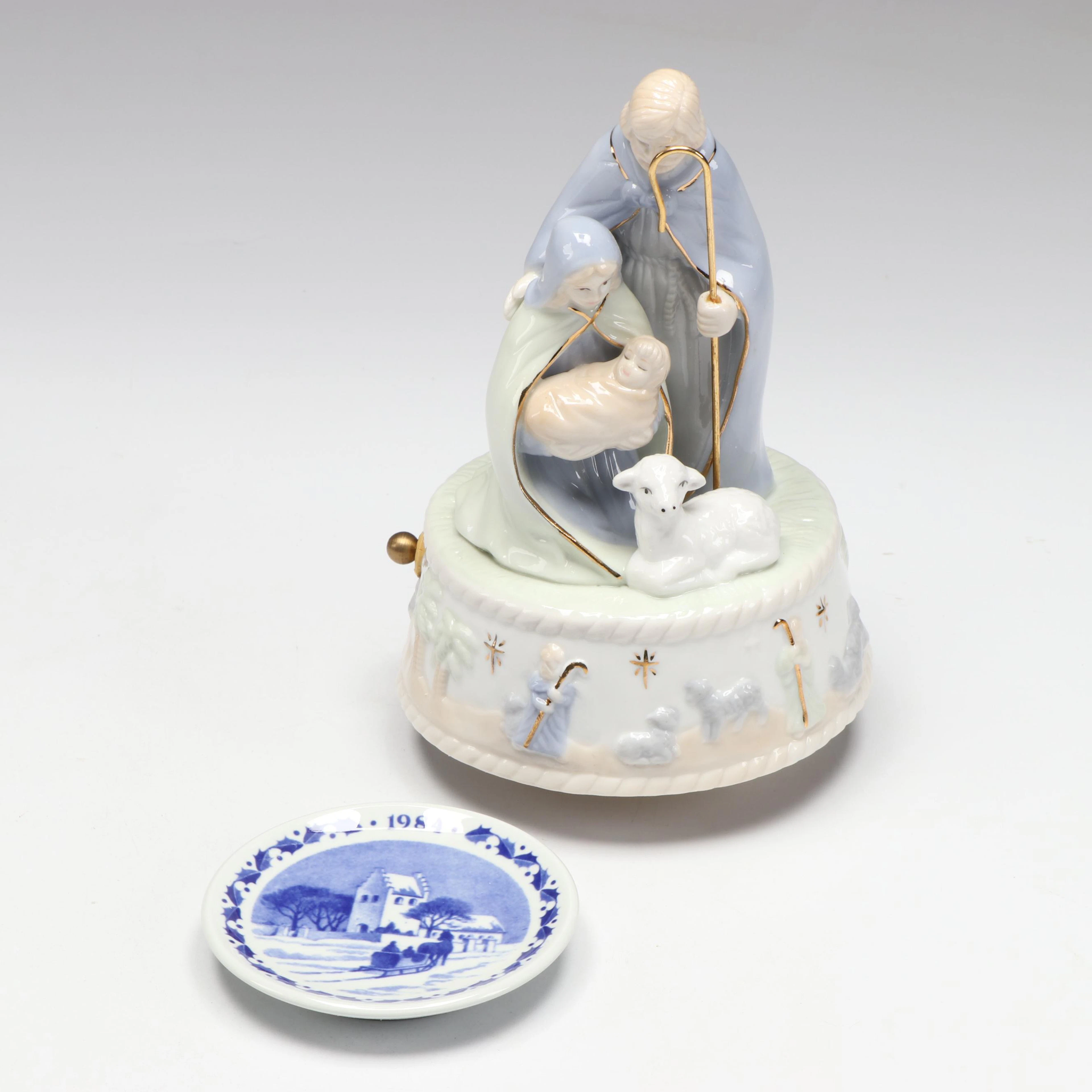 Russ & Co. Porcelain Musical Nativity with Royal Copenhagen Mini Annual Plate