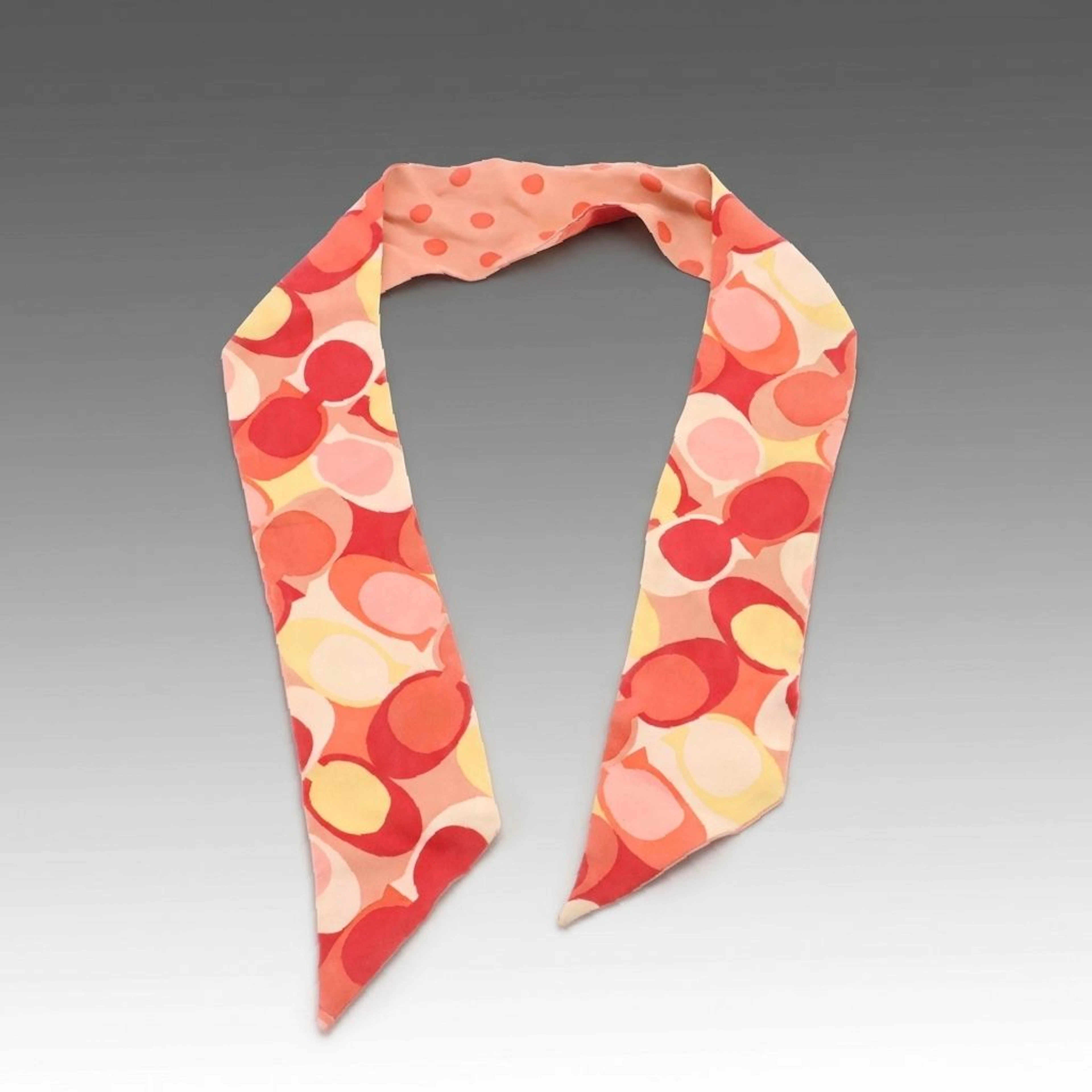 Coach Coral Pink Signature C and Polka Dot Silk Skinny Scarf