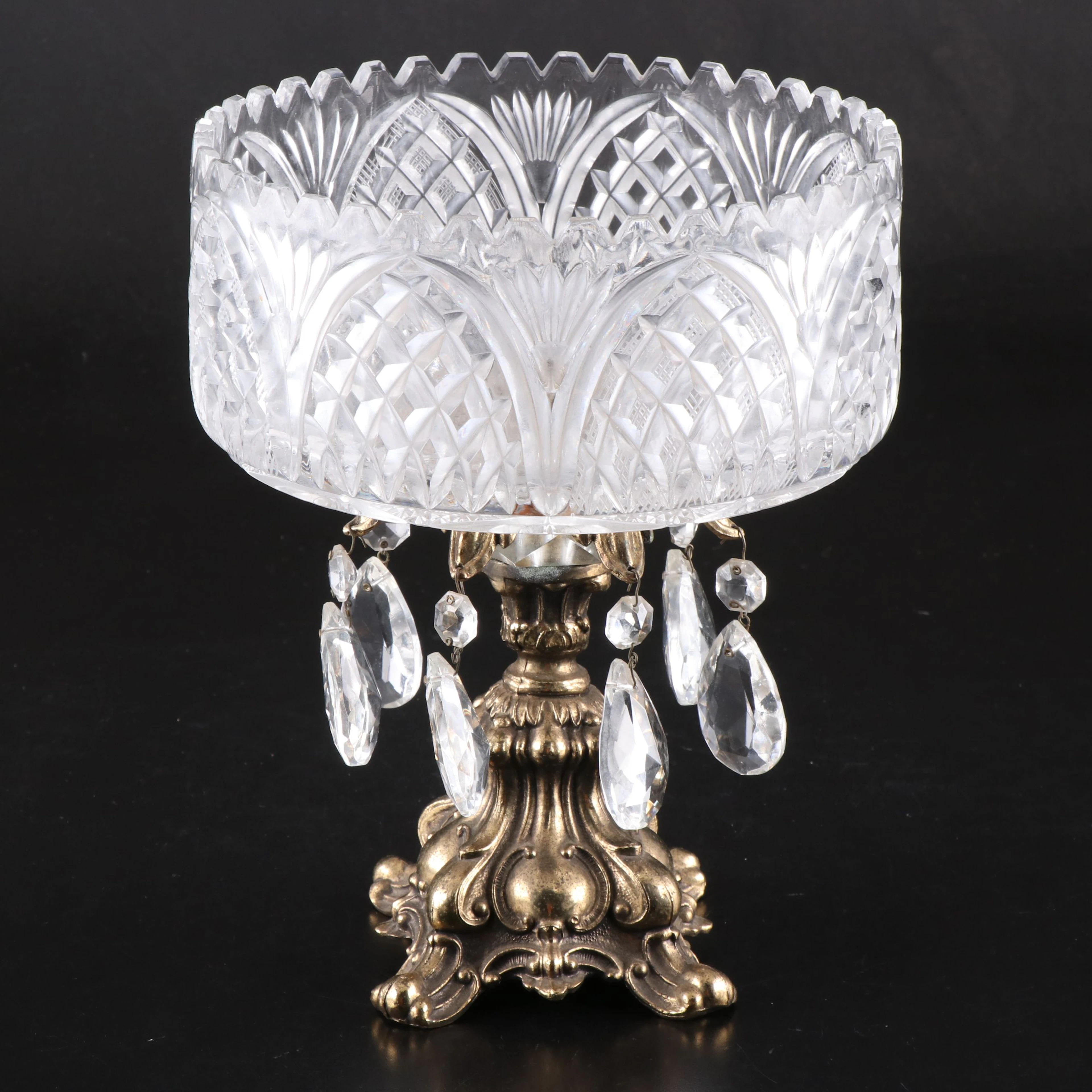 Cornell Hollywood Regency Style Cut Crystal Compote with Brass Base
