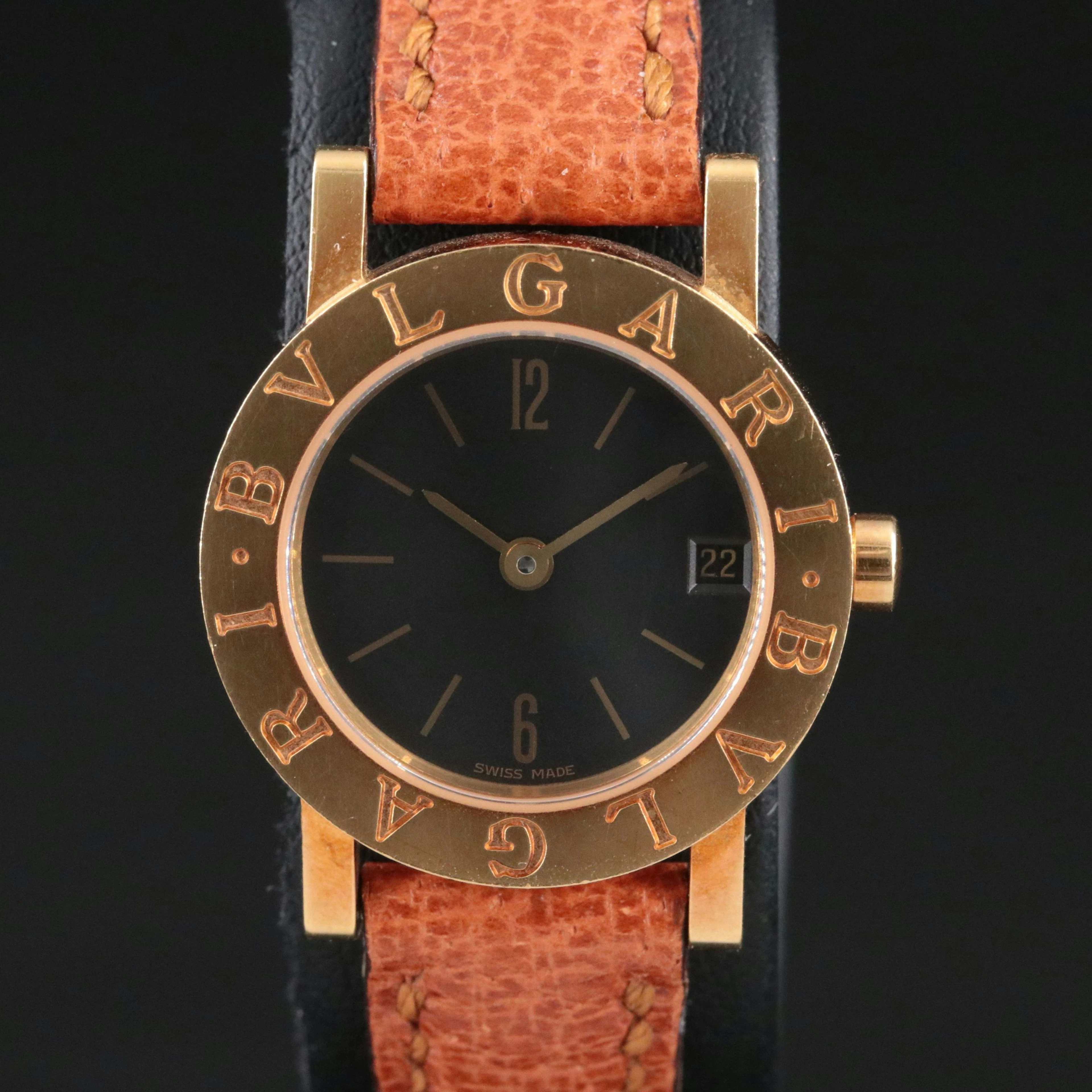 18K Bulgari Bulgari Black Dial Date Quartz Watch Ref. BB 23 GL