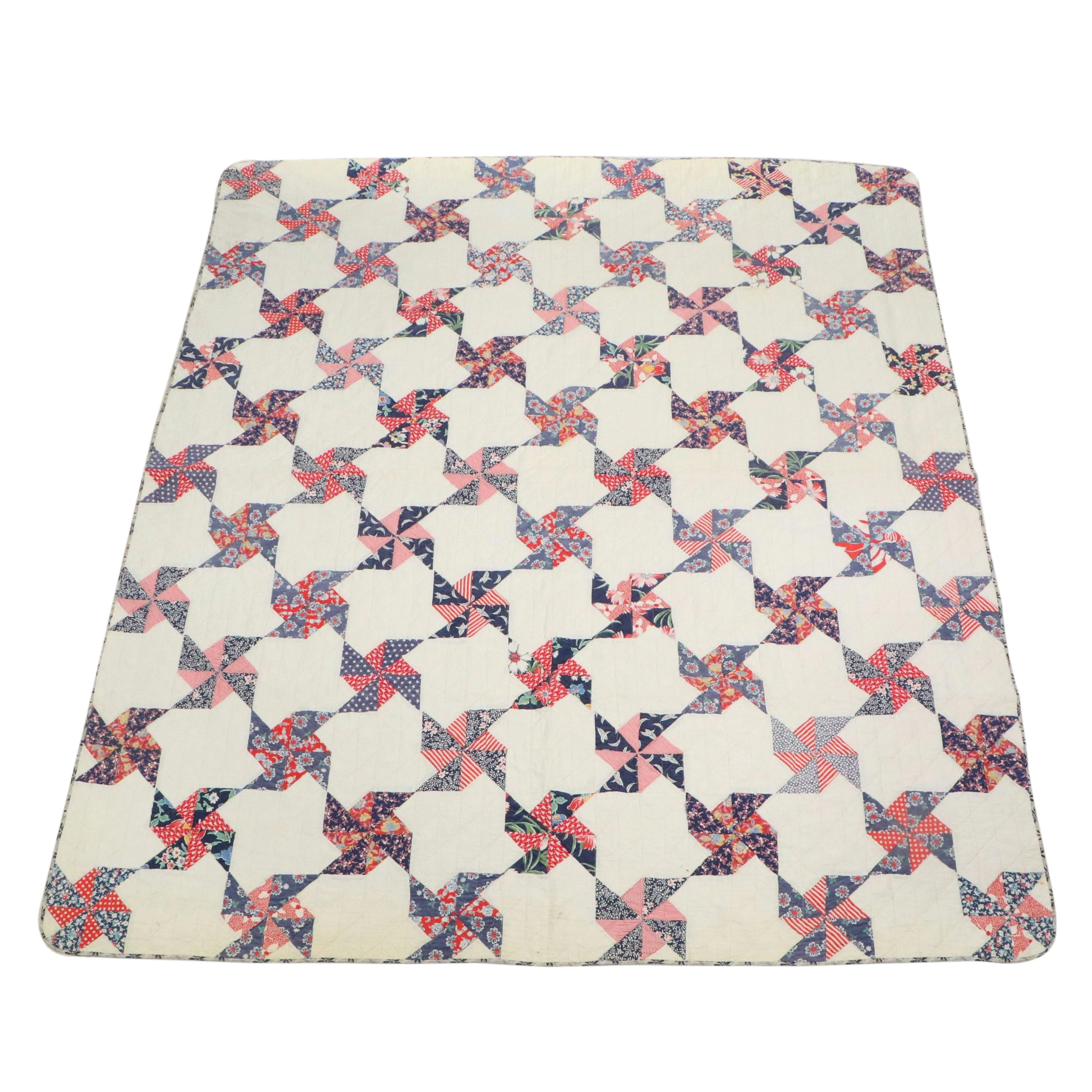 Handcrafted "Pinwheel" Cotton Patchwork Quilt, Vintage