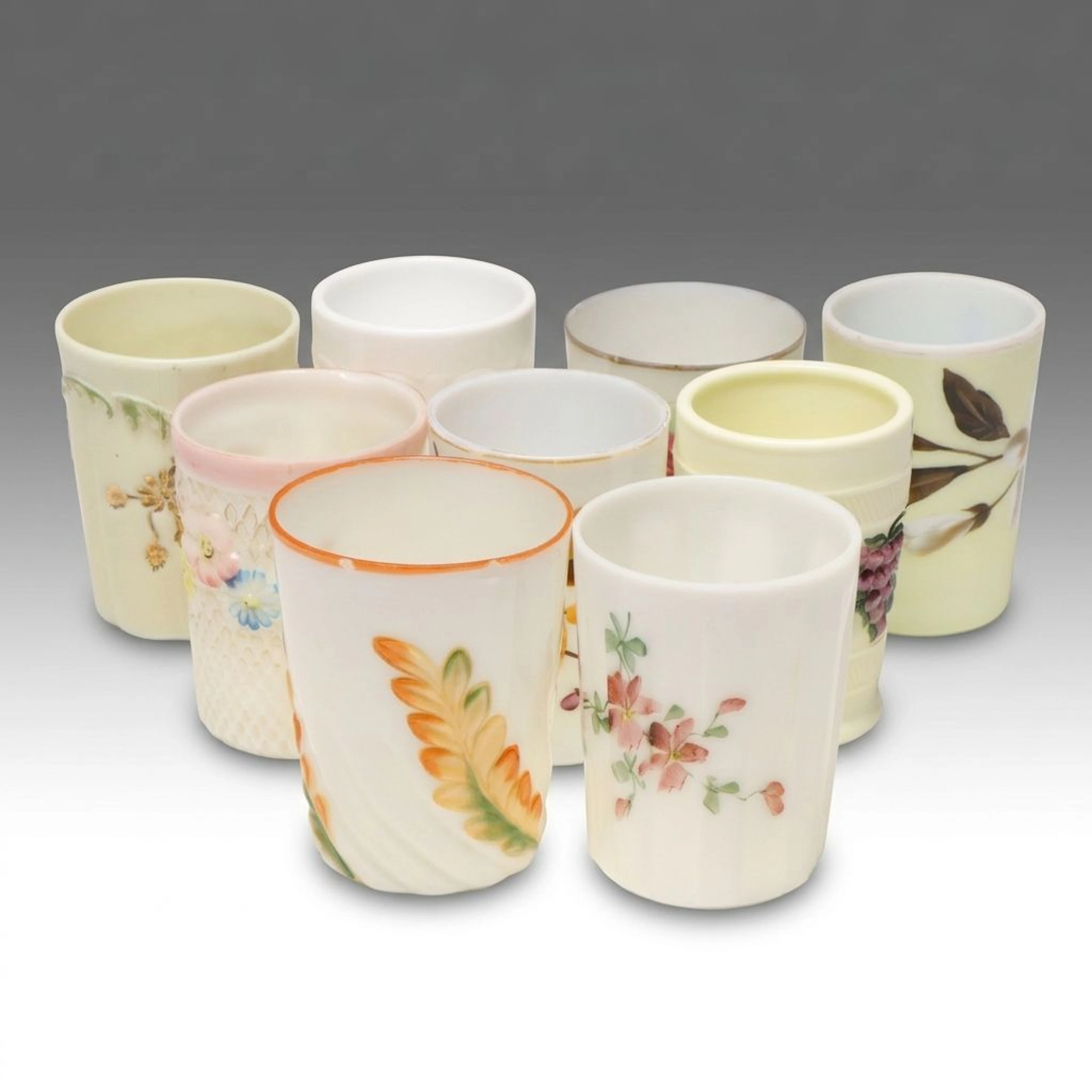 Fenton "Rose Milk Glass" with Other Pressed and Painted Tumblers