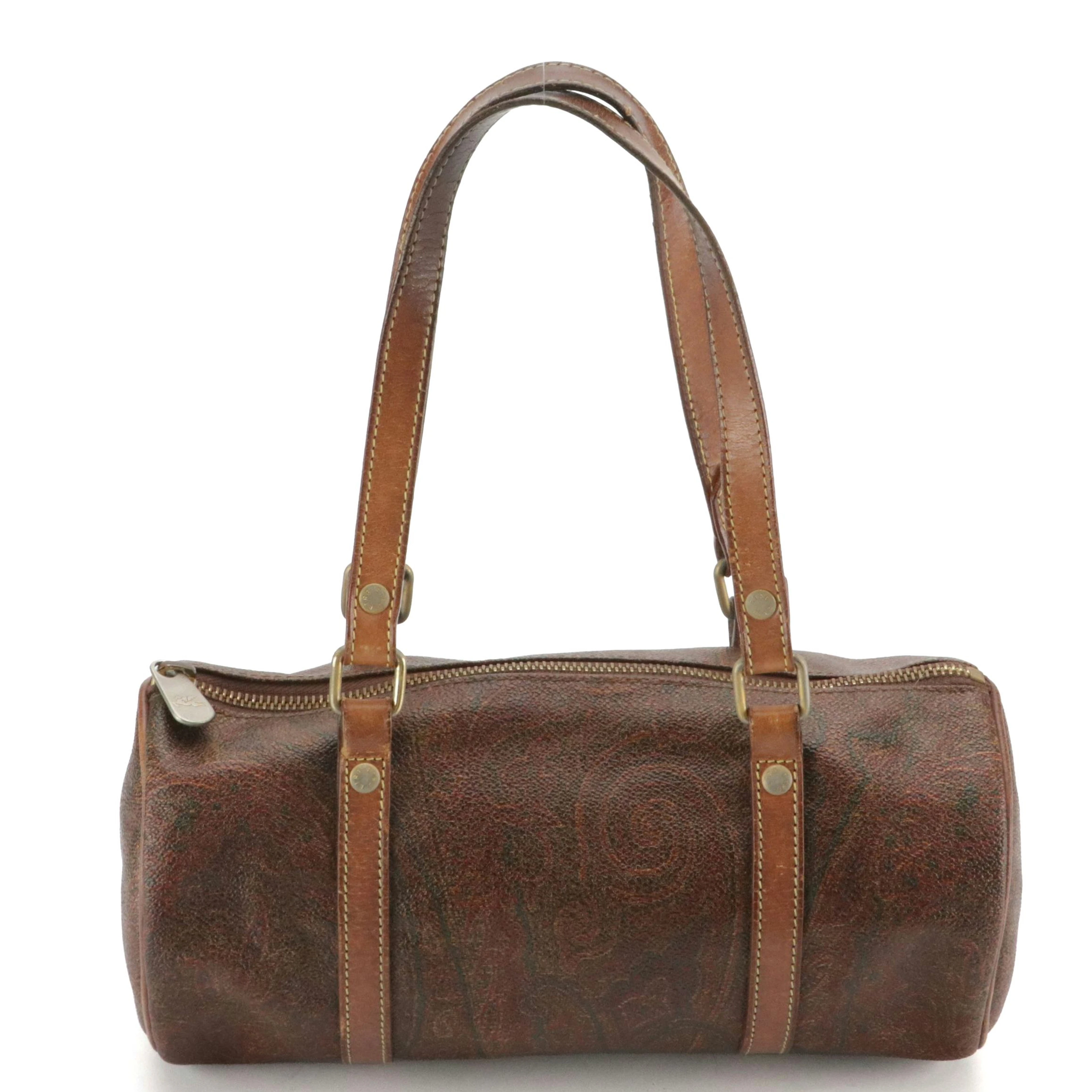 ETRO Barrel Shoulder Bag in Paisley Printed Canvas and Brown Leather