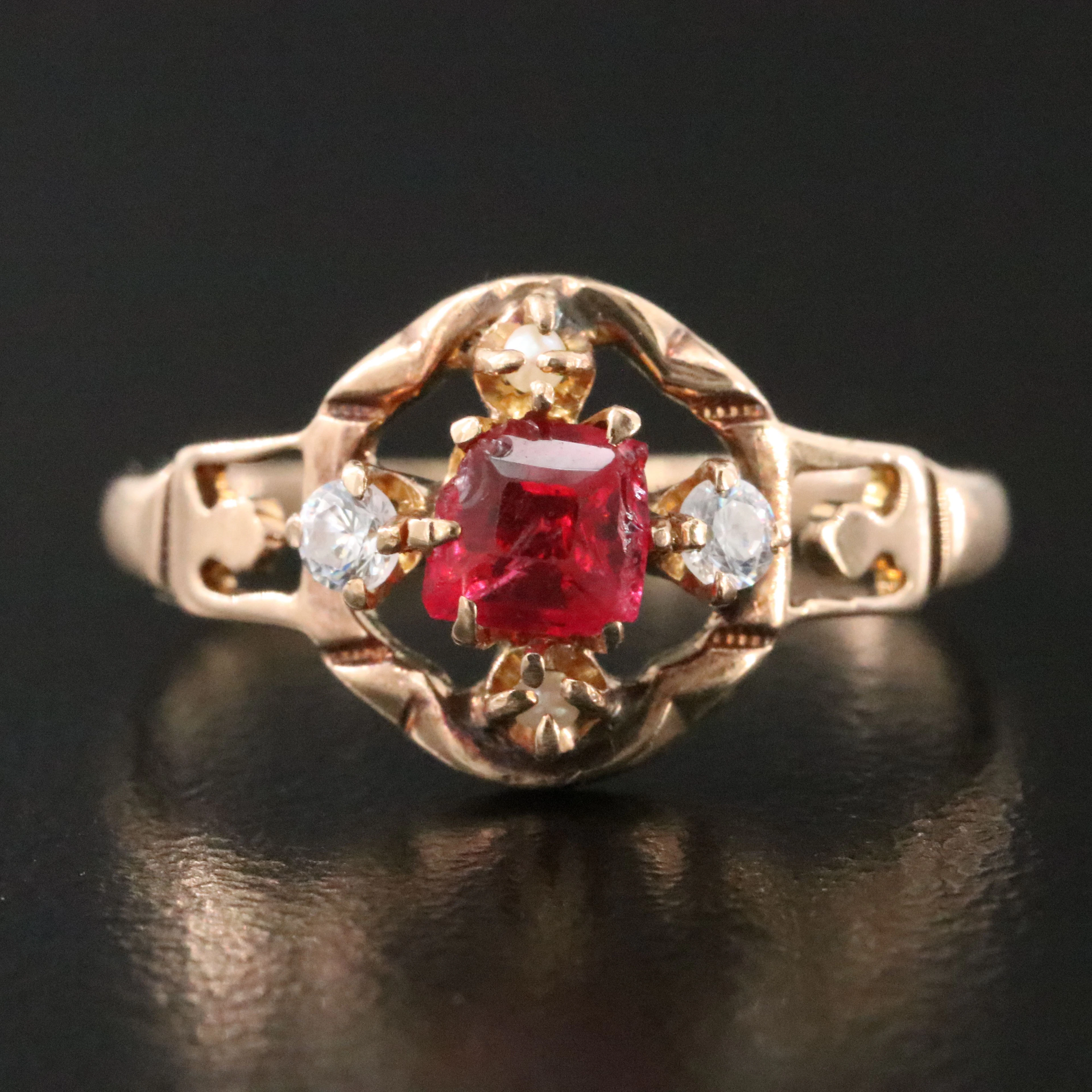 Vintage 10K Rose Gold Garnet Glass Double Ring with CZ and Pearl