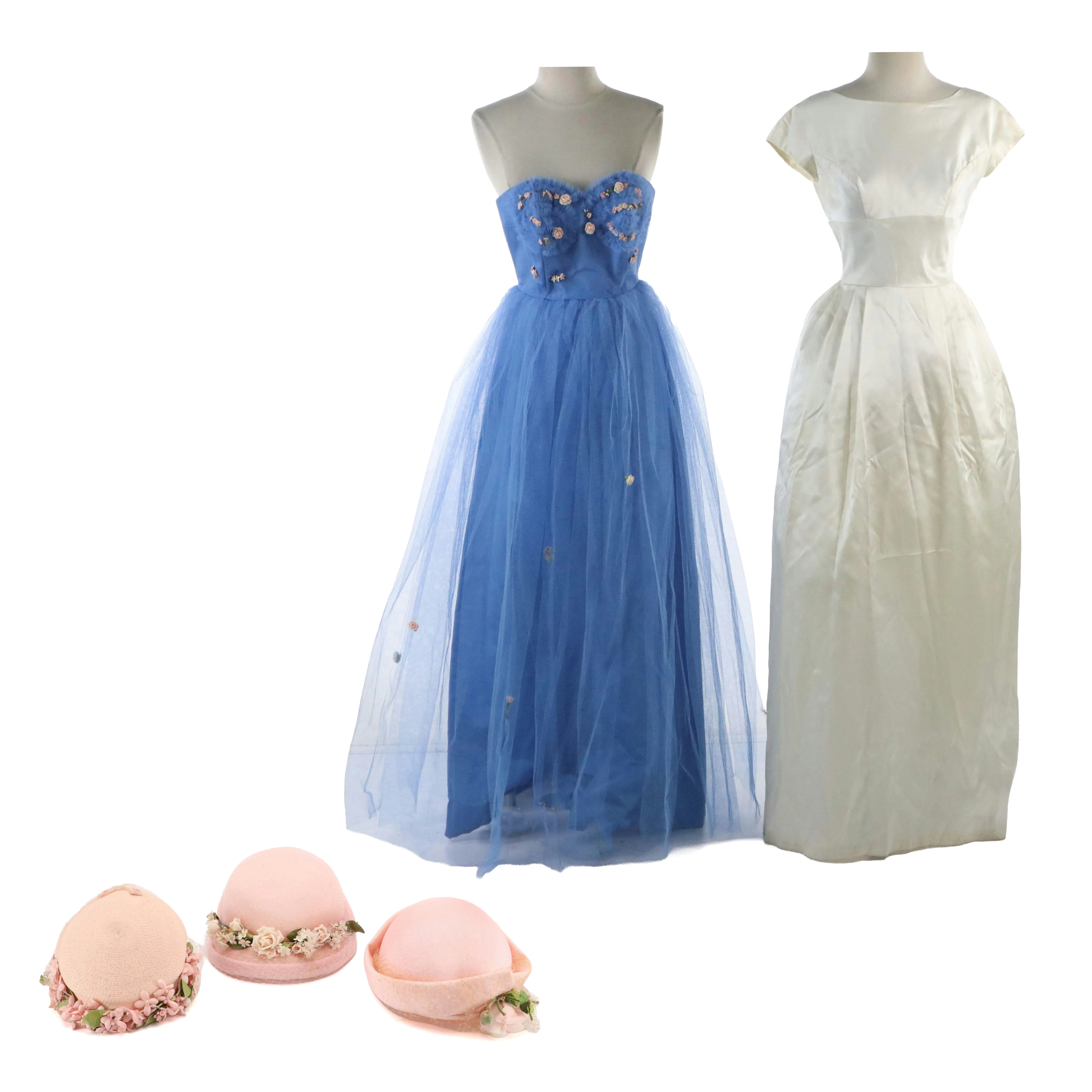 Vintage Lorrie Deb Satin Wedding Dress, Strapless Tulle Gown, and Floral Hats
