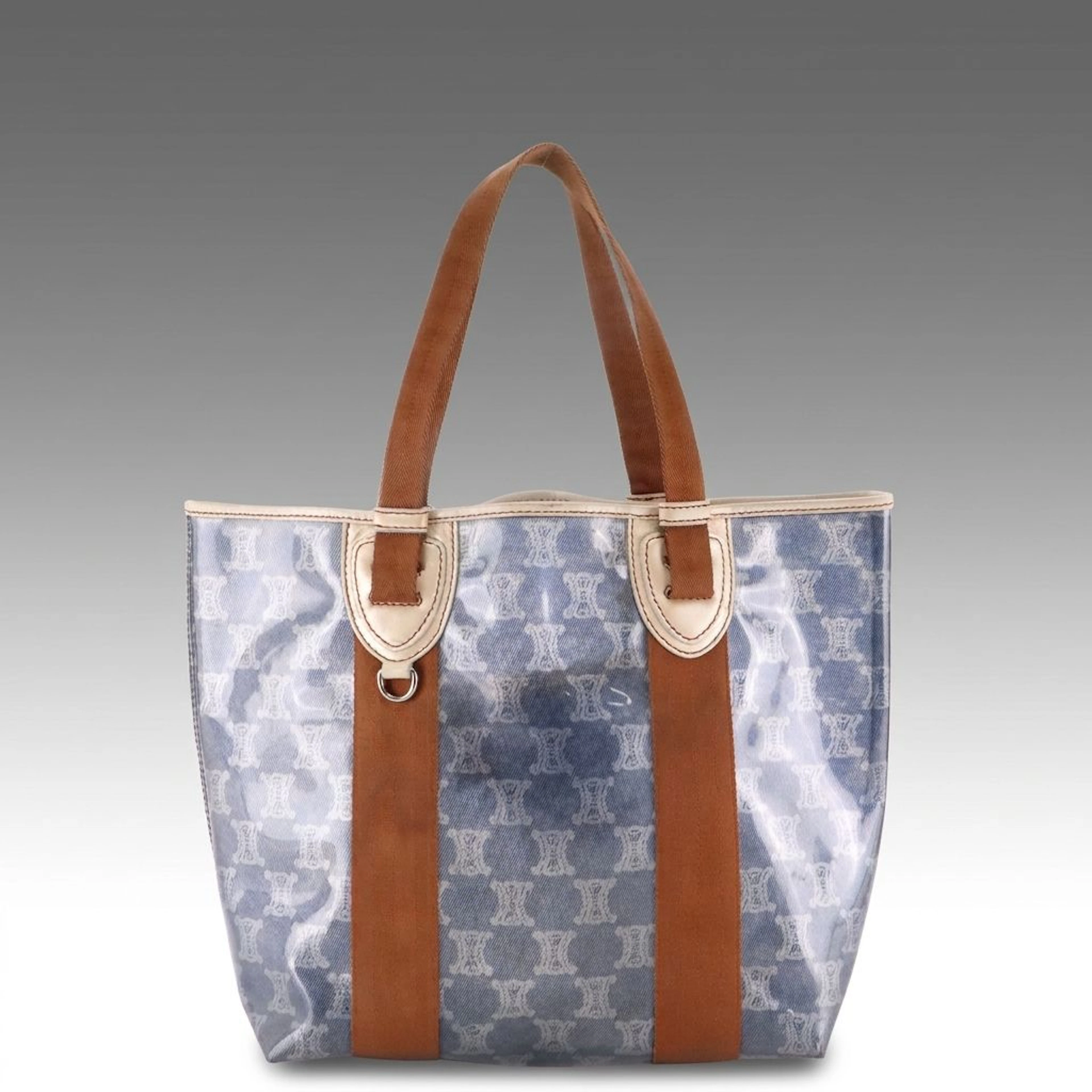 Celine Tote Bag and Zip Pouch in Blue Triomphe PVC, Leather and Brown Jacquard