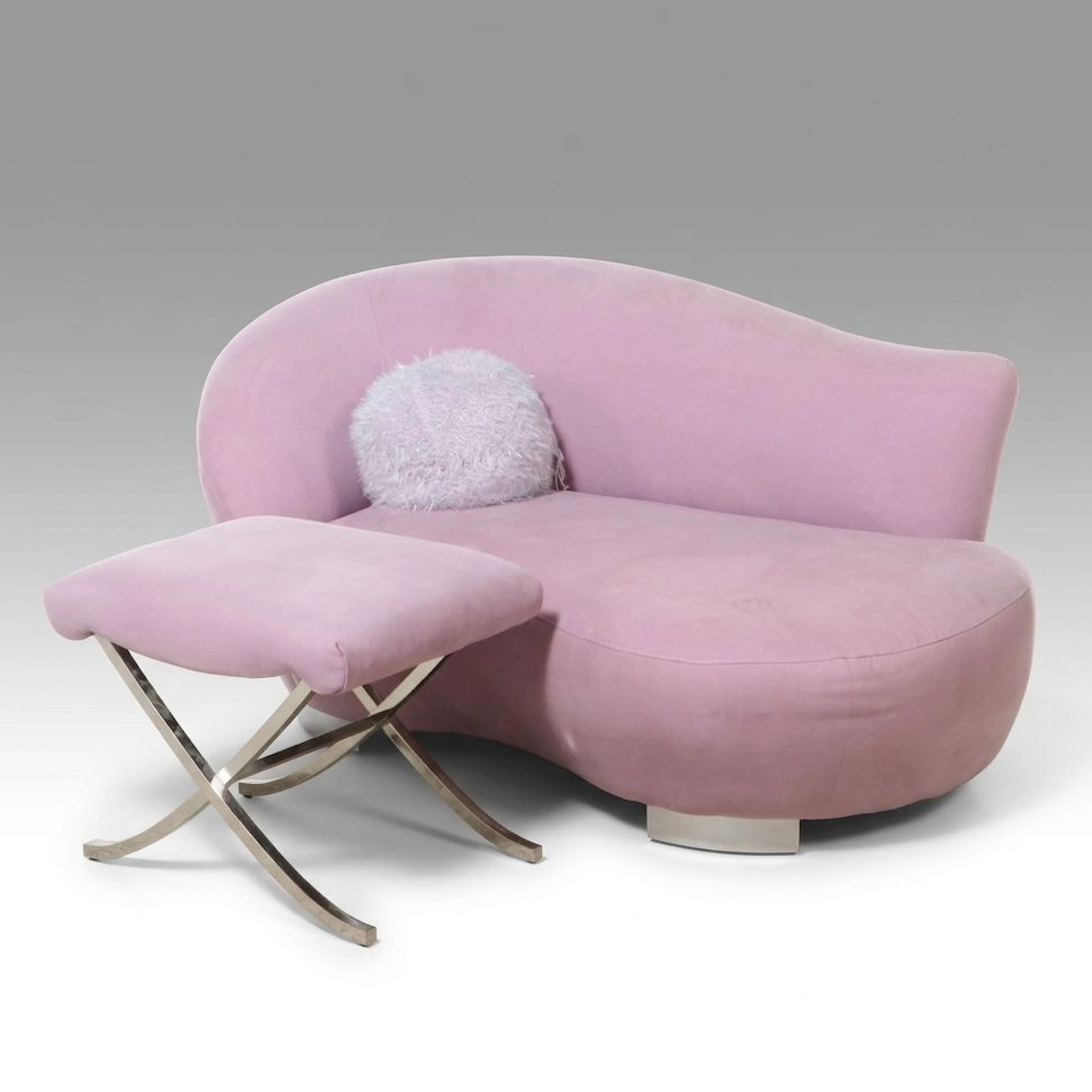 Postmodern Asymmetrical Lilac and Chrome Chaise and Ottoman