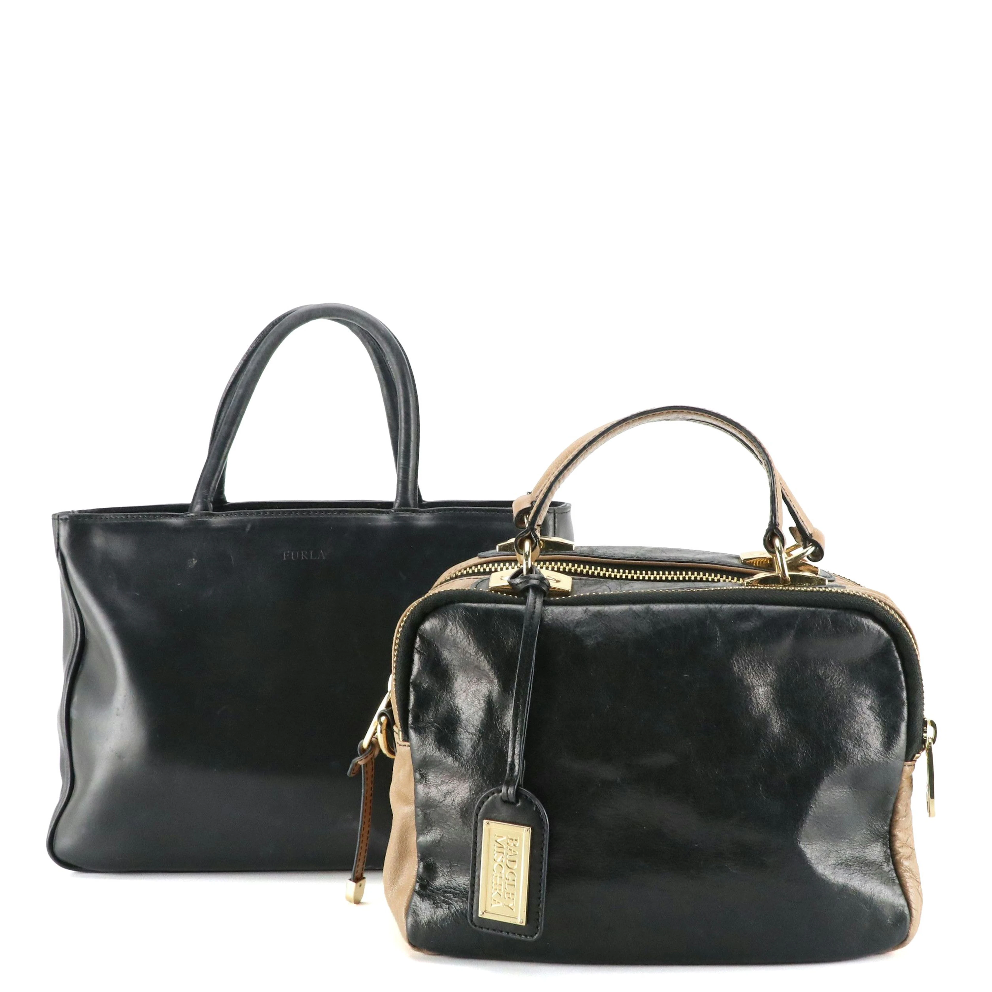 Badgley Mischka Shiny Bicolor Leather Zip Satchel, Furla Black Leather Handbag