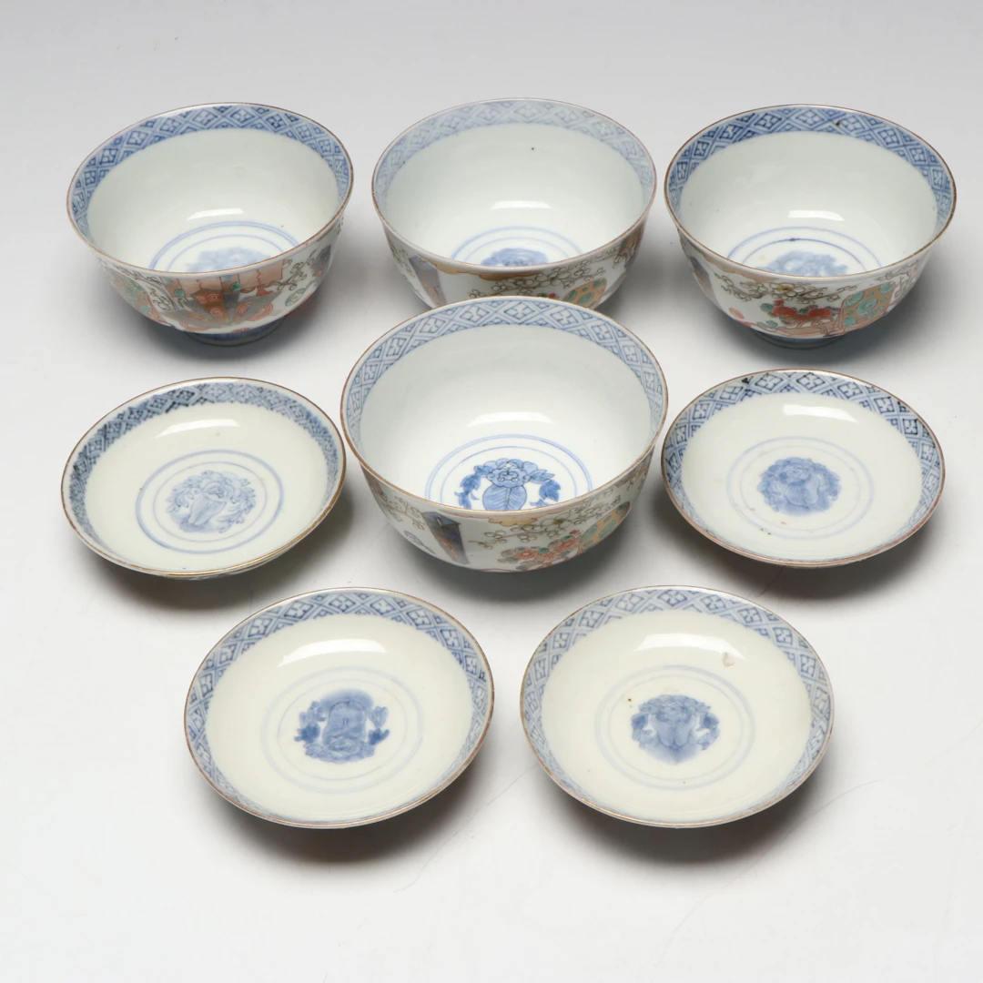 East Asian Hand-Painted Porcelain Rice Bowls and Sauce Dishes