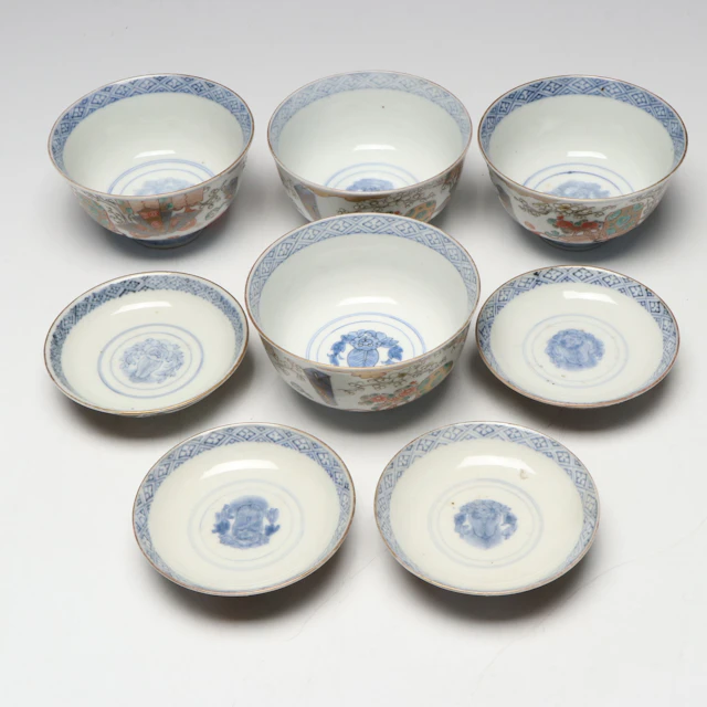 East Asian Hand-Painted Porcelain Rice Bowls and Sauce Dishes