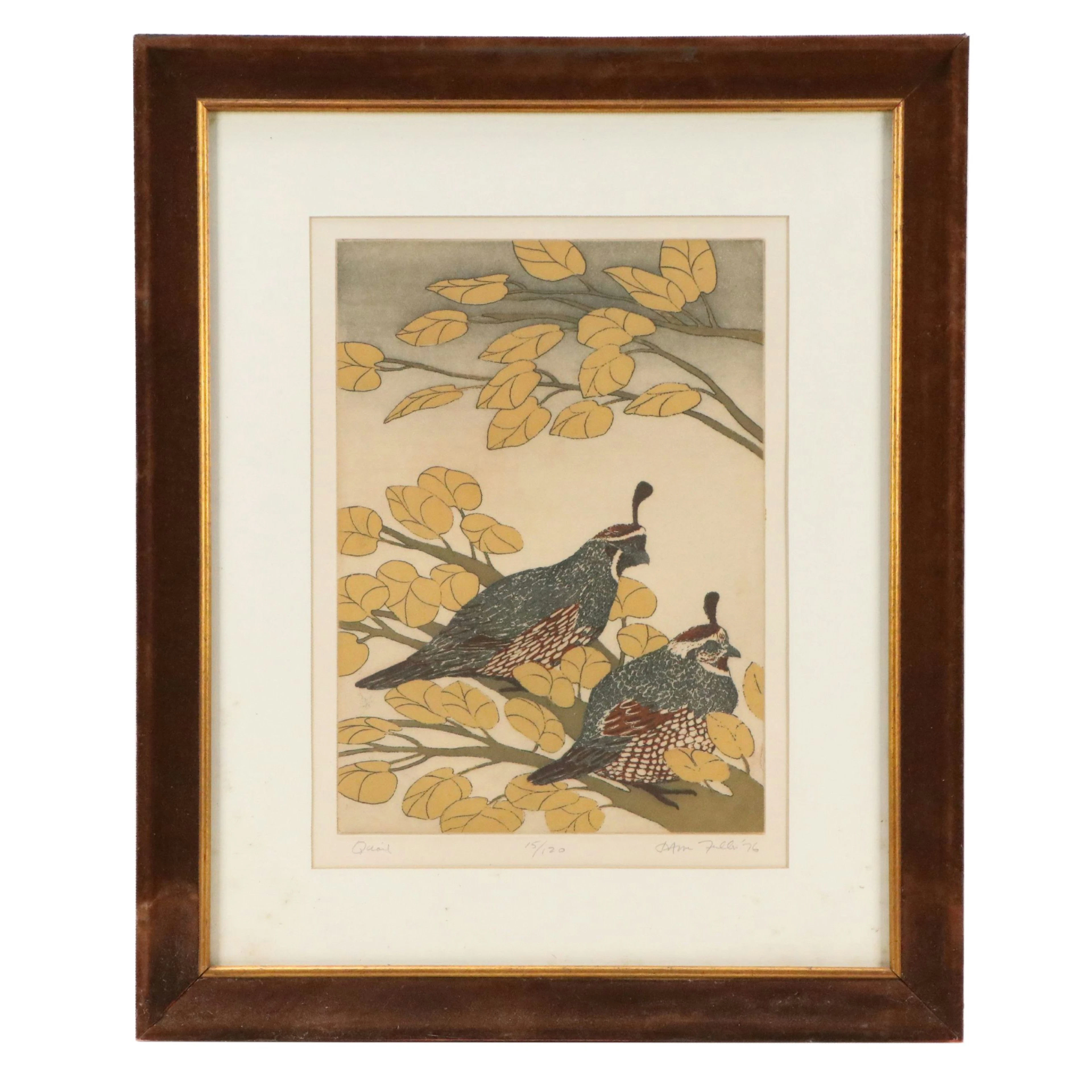 Jo Anne Fuller Woodcut "Quail," 1976