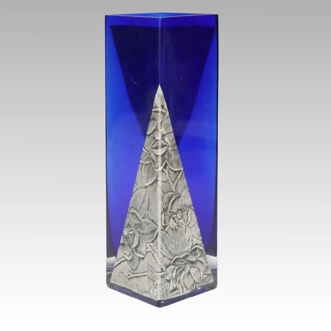 Contemporary Cobalt Blue Glass Vase with Pewter Overlay