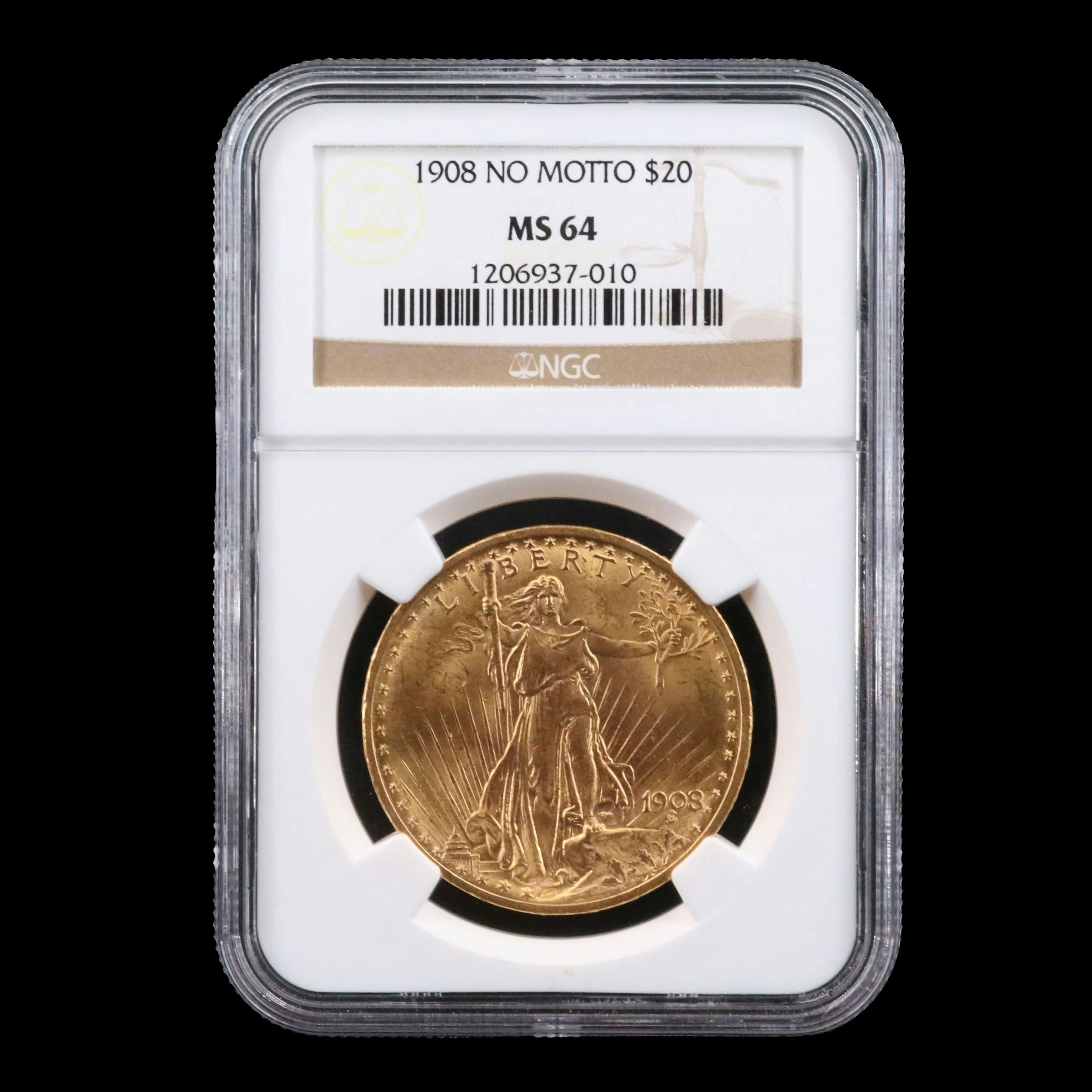 NGC MS64 1908 No Motto $20 Saint Gaudens Gold Coin