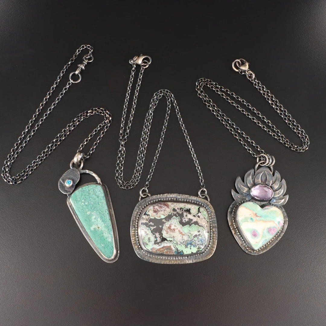 EON Designs Sterling Gemstone Necklaces Ft. Chrysocolla and Ruby in Zoisite