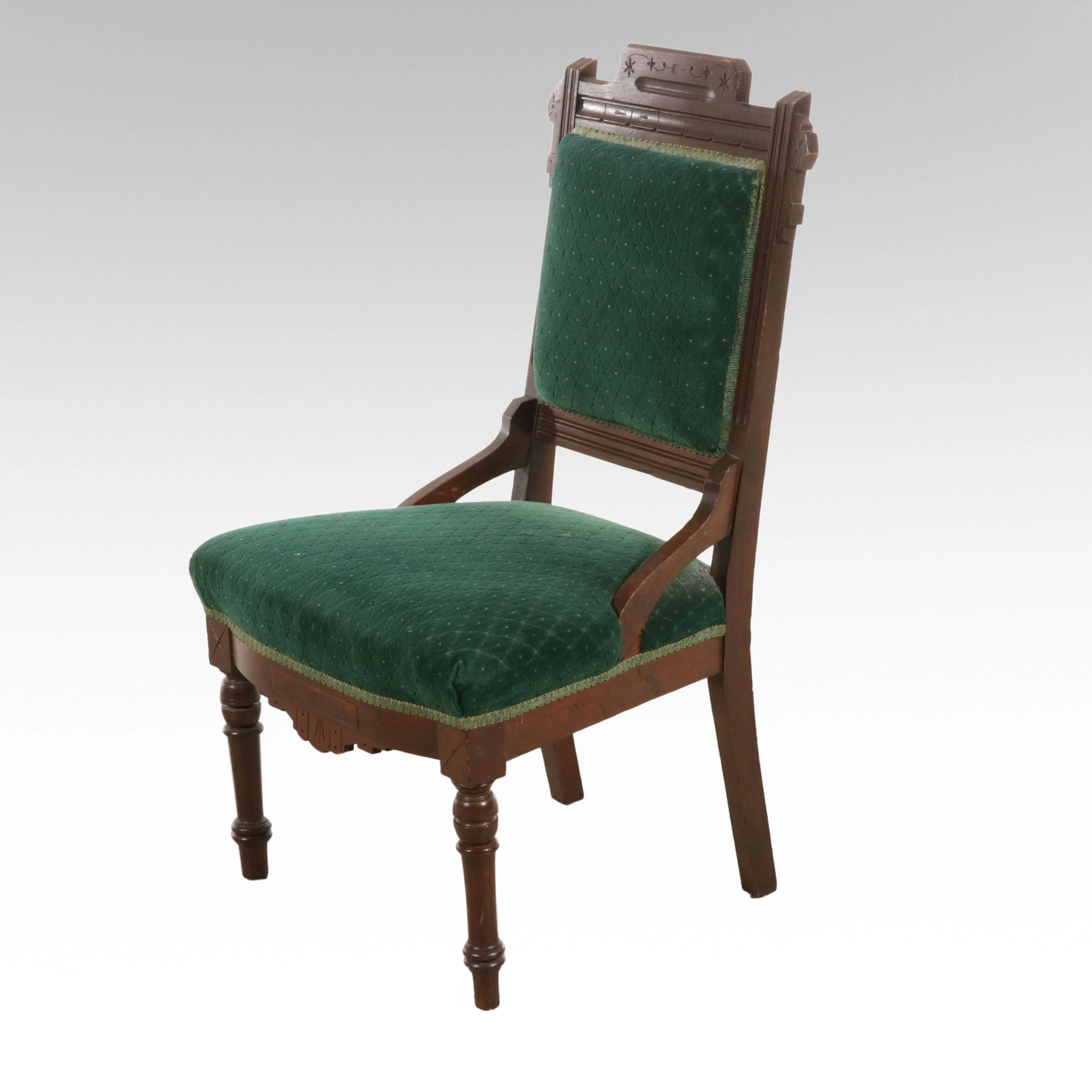 Eastlake Style Carved Walnut Side Chair with Green Velvet Upholstery