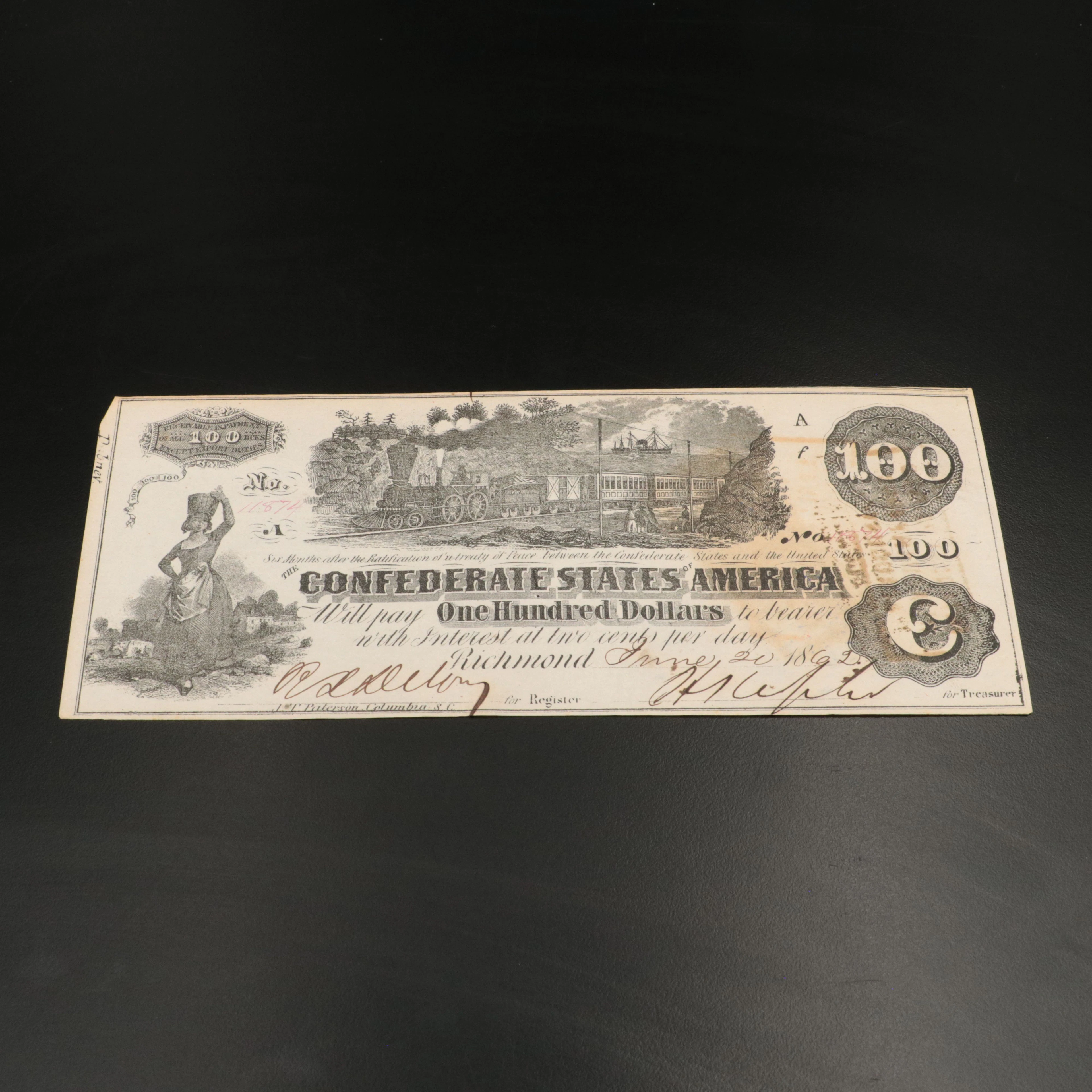 1862 $100 Confederate States of America Obsolete Currency Note