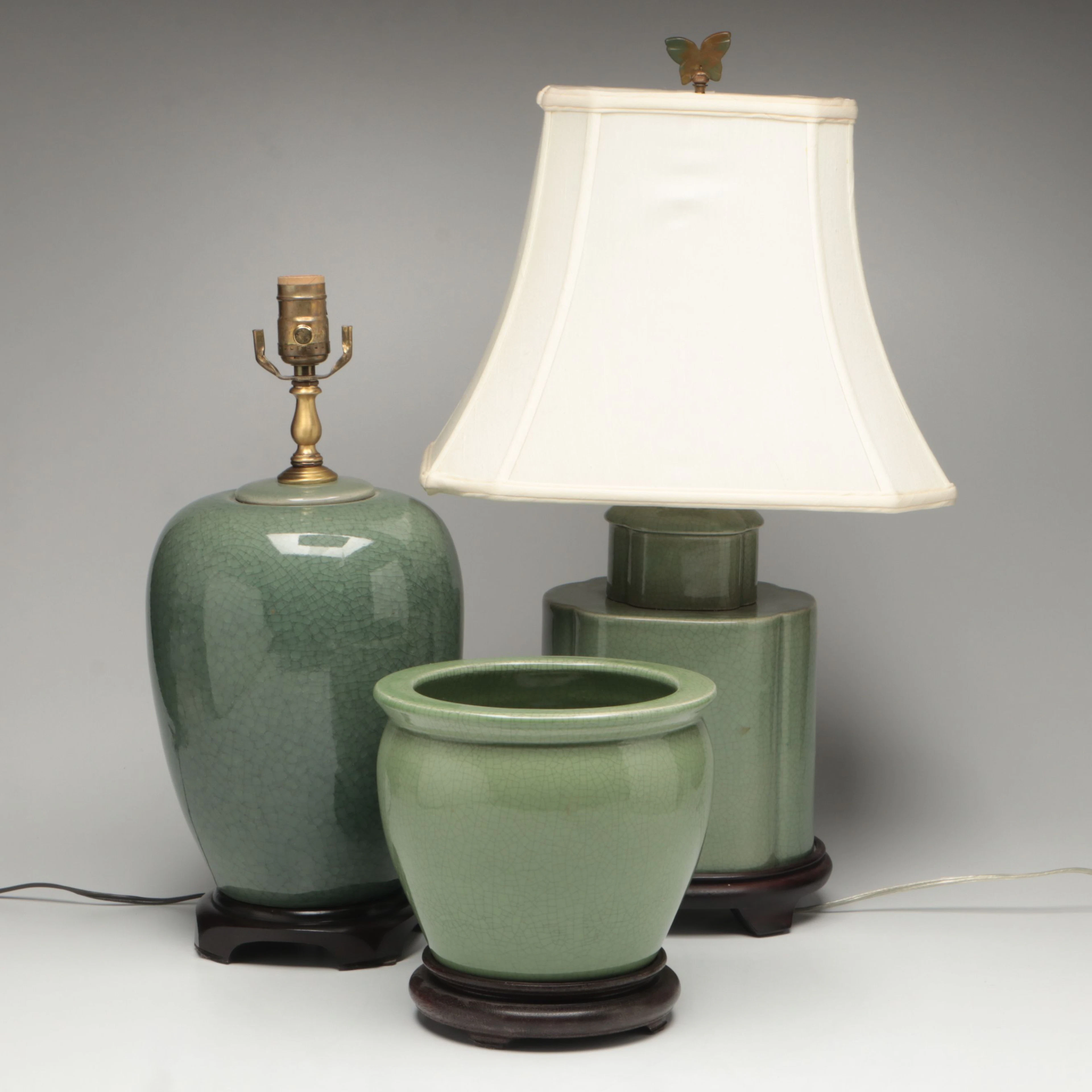Chinese Celadon Crackle Glaze Melon Jar and Tea Canister Lamps, Cachepot