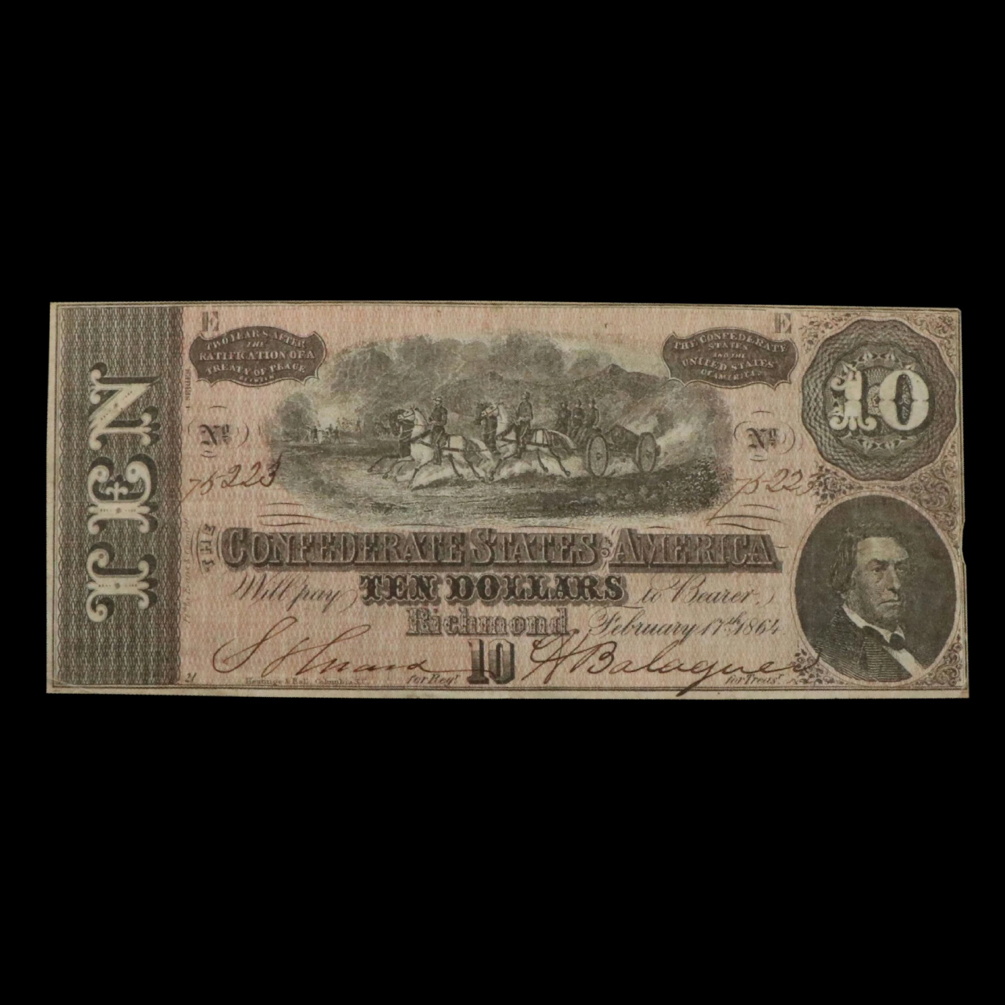 1864 Confederate States Ten Dollar Currency Note