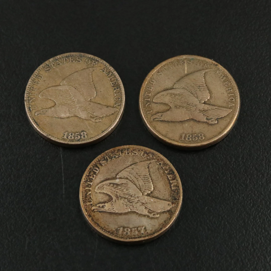 Three Flying Eagle Cents: 1857, 1858 SL and 1858 LL