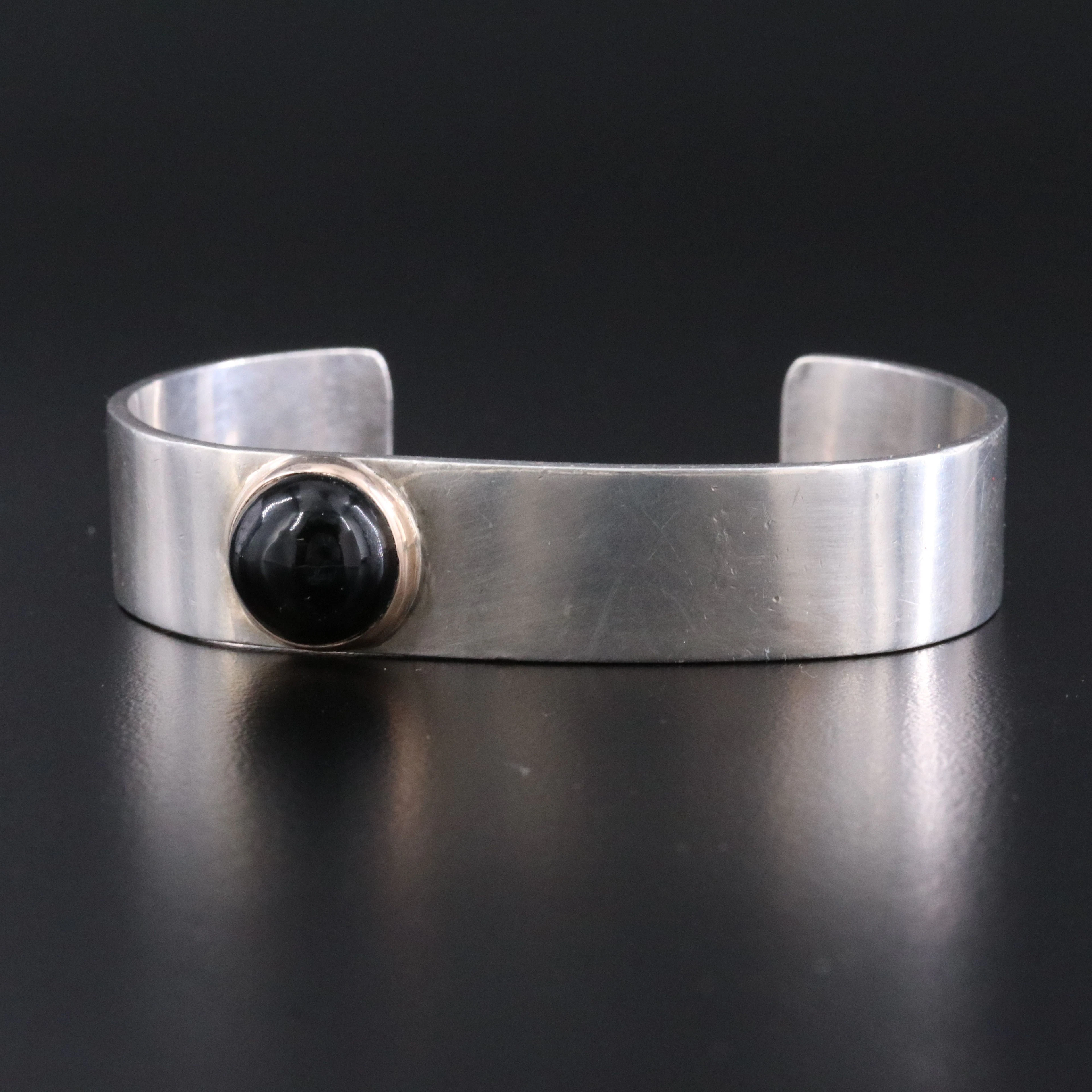 Mexican Sterling Obsidian Cuff Bracelet with 14K Rose Gold Accent