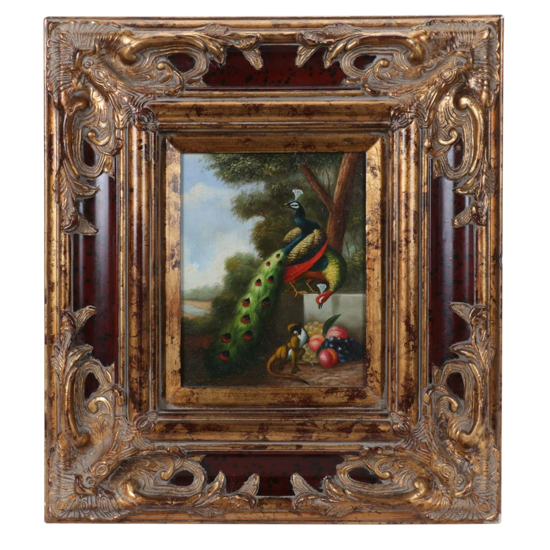 Oil Painting after Herbert Pickenhagen of Peackcocks with Monkey