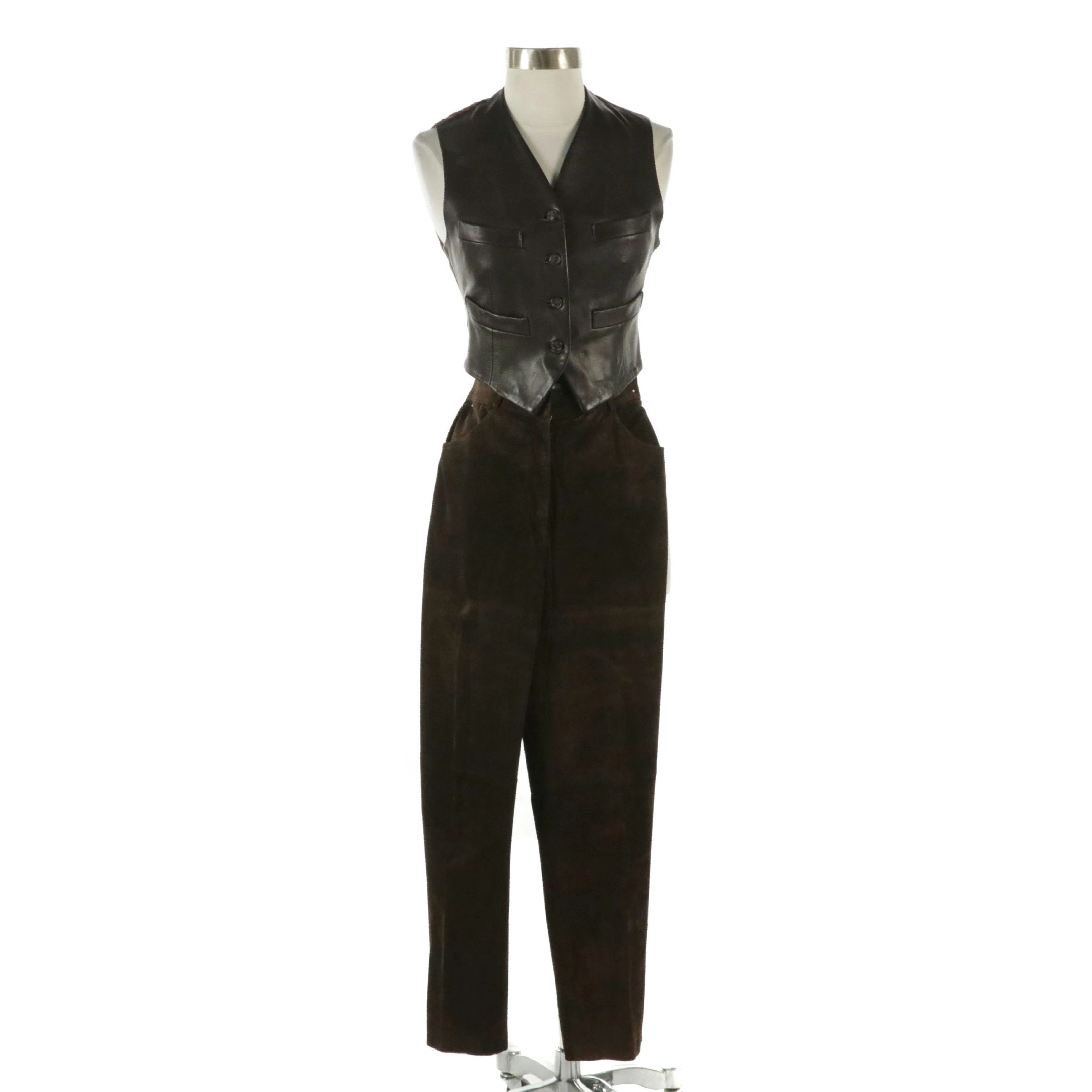 Vintage DKNY Brown Leather Vest with Genny Brown Leather Pants