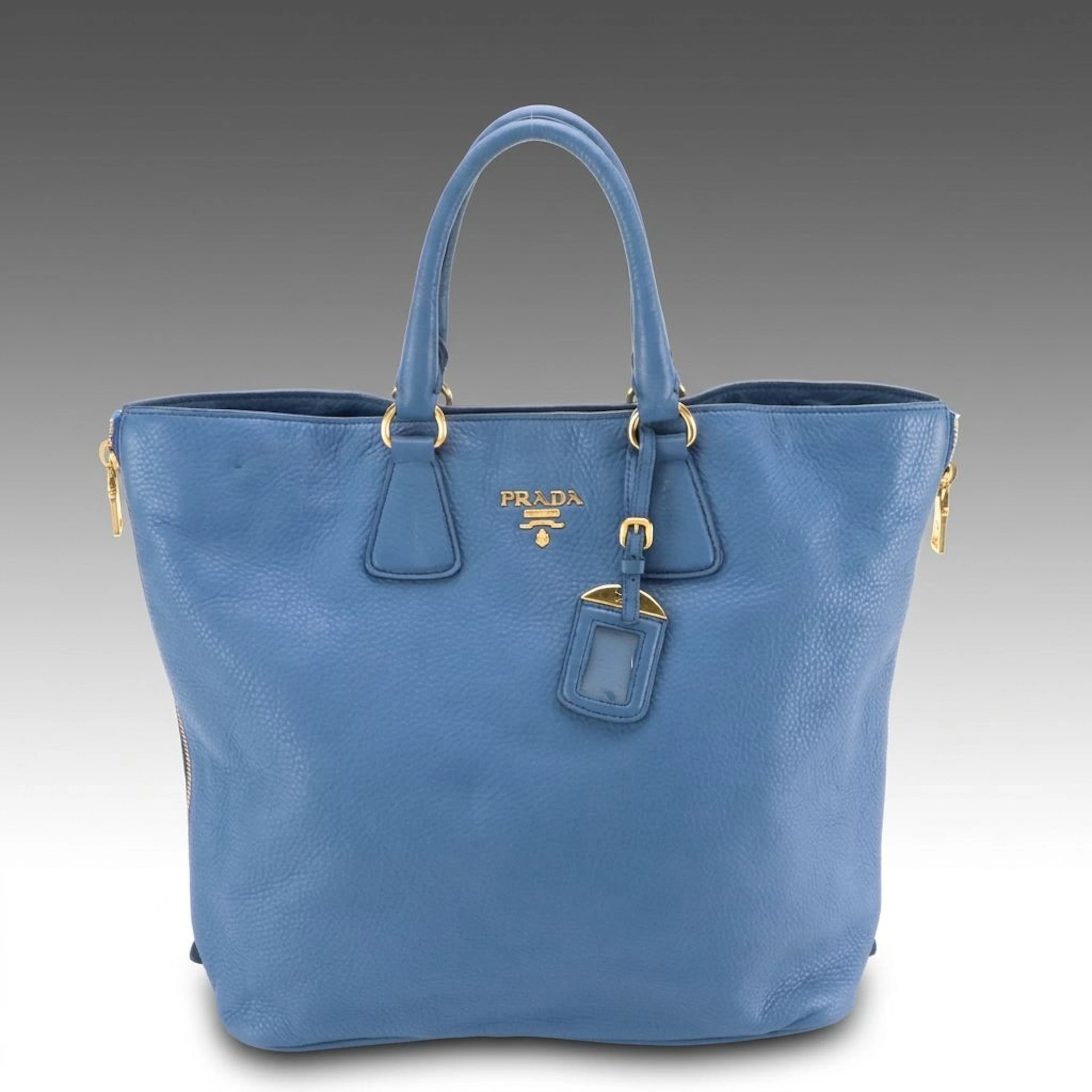 Prada Blue Vitello Daino Leather Large Side Zip Phenix Tote Bag