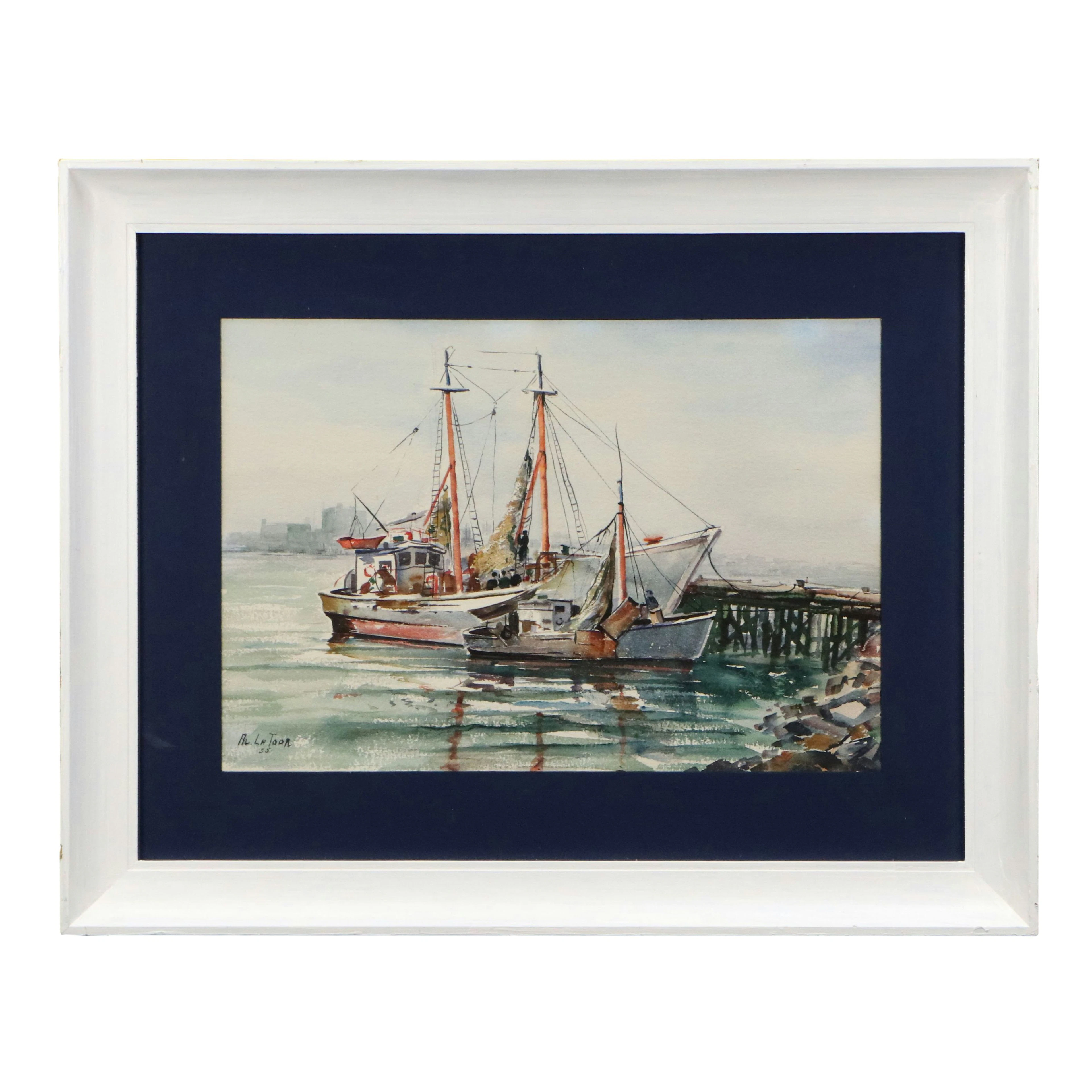 Alva LaToor Maritime Watercolor Painting of Harbor Scene, 1955