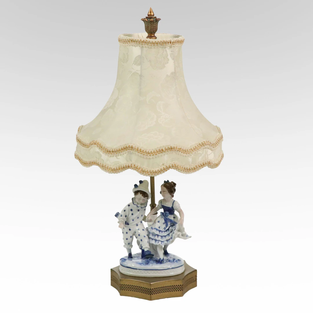 German Porcelain Blue and White Figural Table Lamp with Victorian Shade
