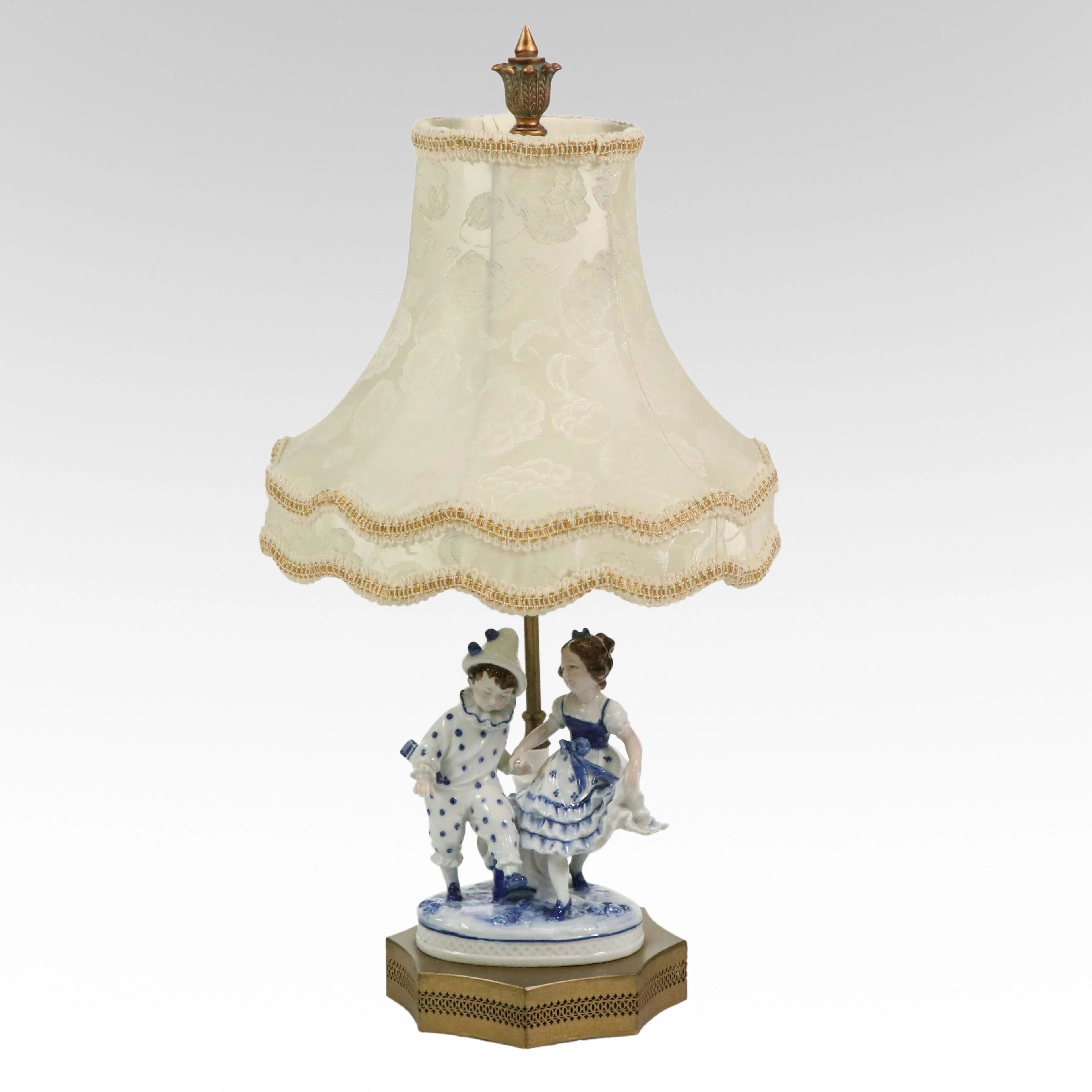 German Porcelain Blue and White Figural Table Lamp with Victorian Shade