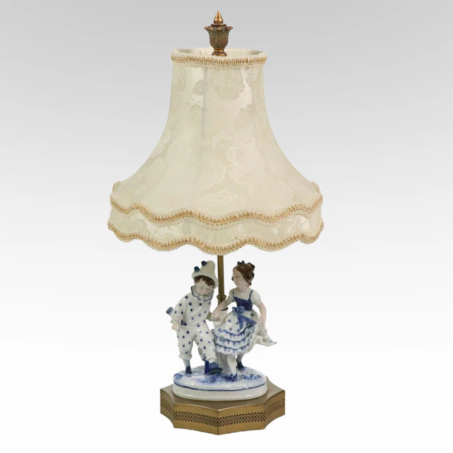 German Porcelain Blue and White Figural Table Lamp with Victorian Shade