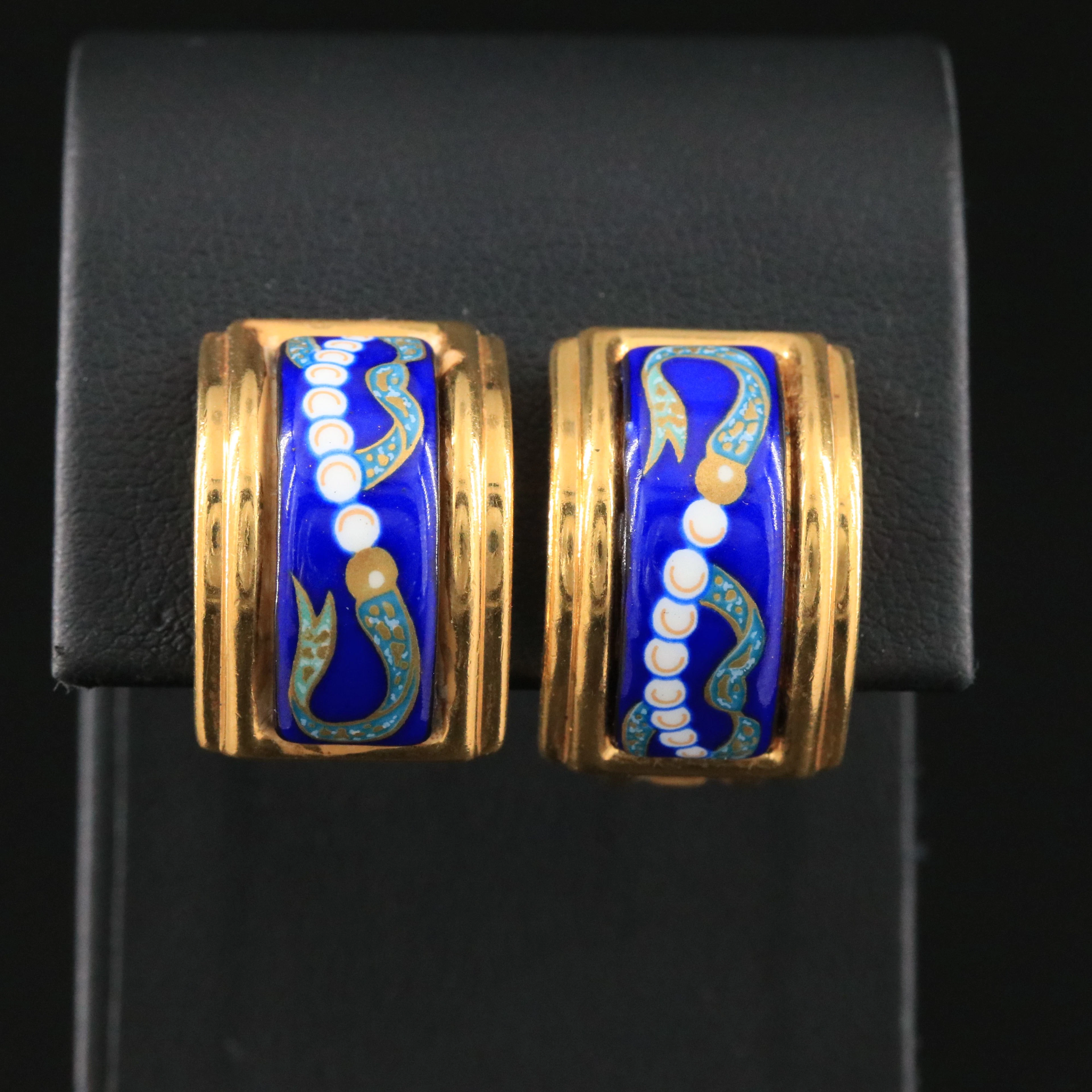 Hermès Pearl Motif Blue Enamel Clip Earrings