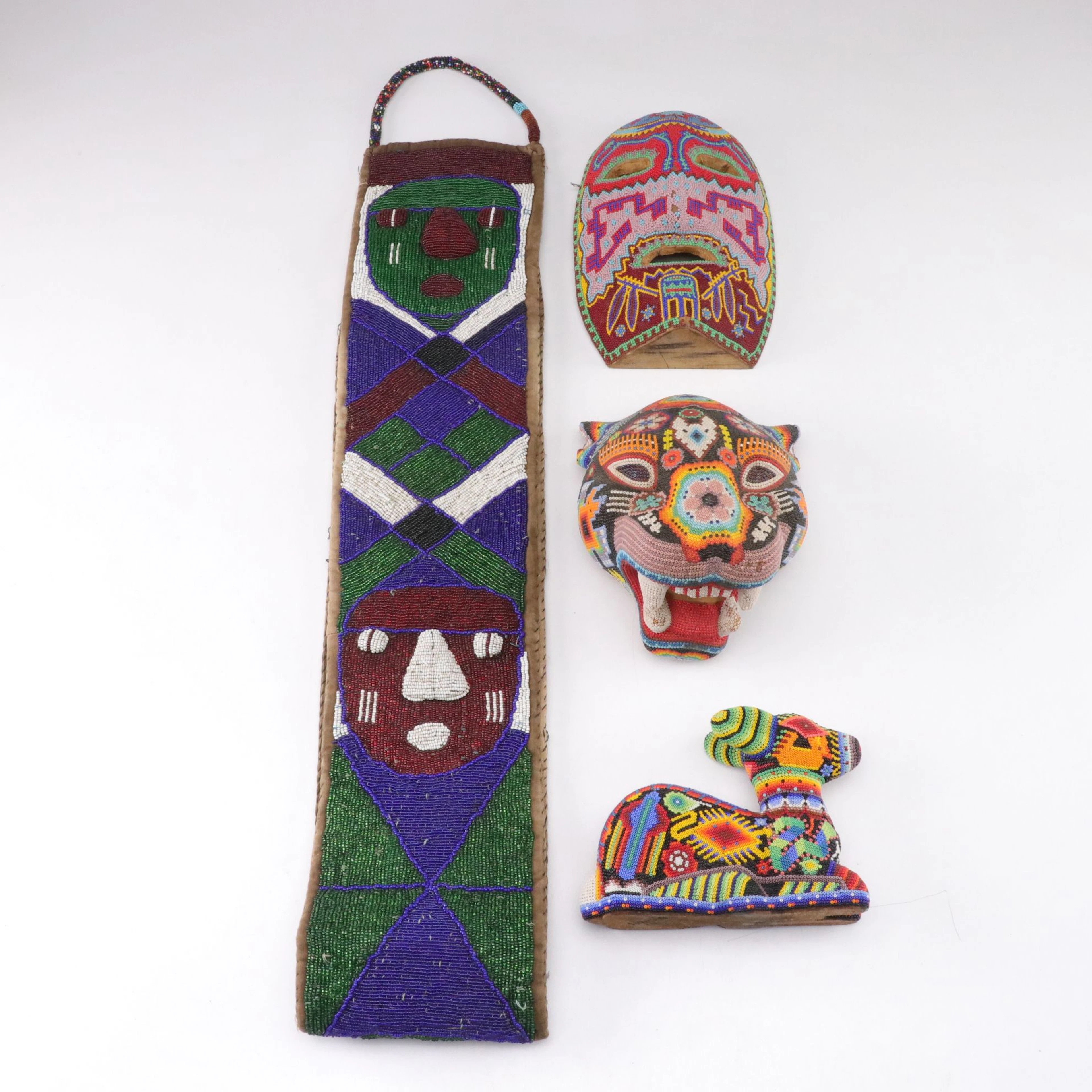 Mexican Huichol Mahjrah, Jaguar Head and Mask, with Nigerian Yoruba Sash