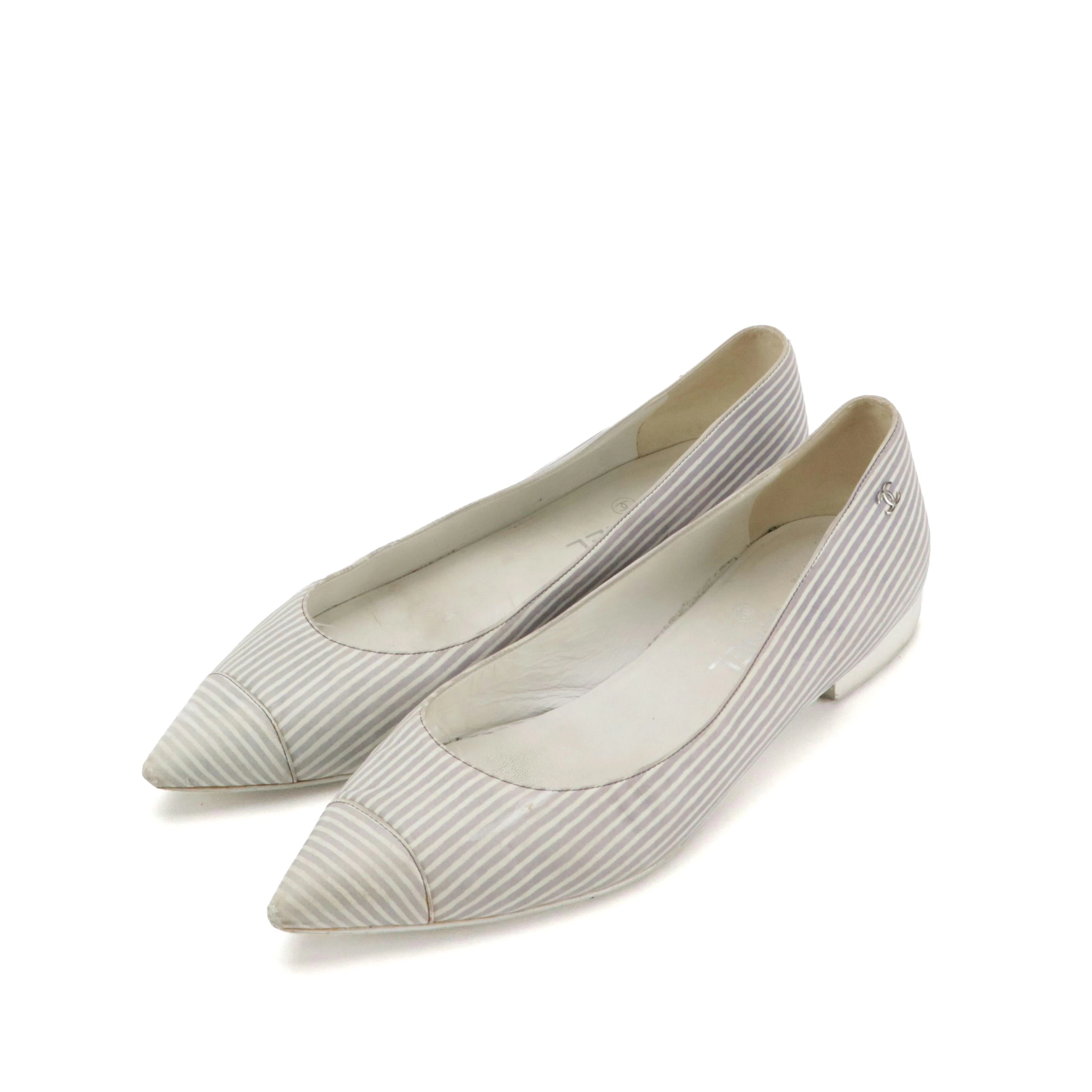 Chanel Striped Lambskin Leather Pointy-Toe Cap-Toe Flats with CC Coco Mark Logo