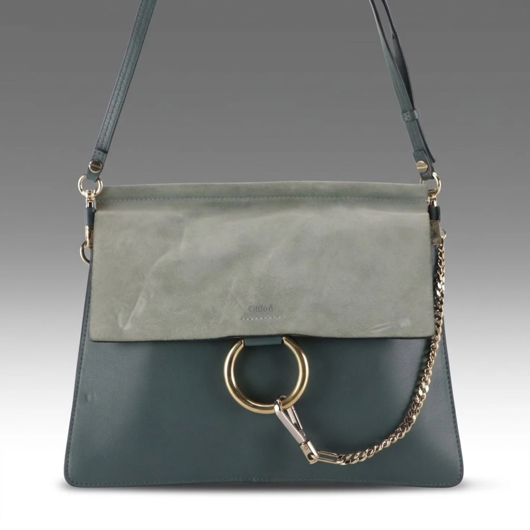 Chloé Medium Faye Shoulder Bag in Teal Blue Calfskin Leather and Suede