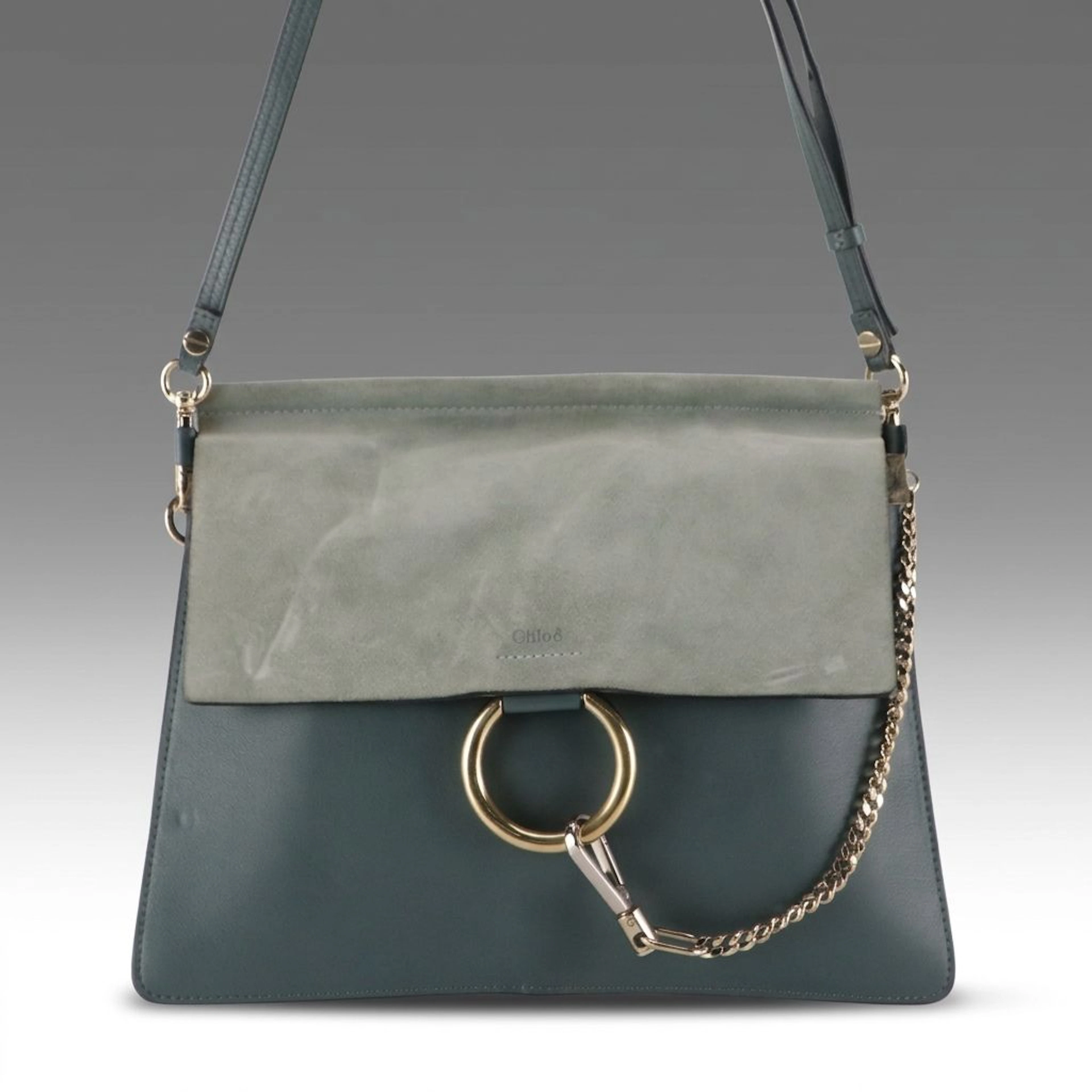 Chloé Medium Faye Shoulder Bag in Teal Blue Calfskin Leather and Suede